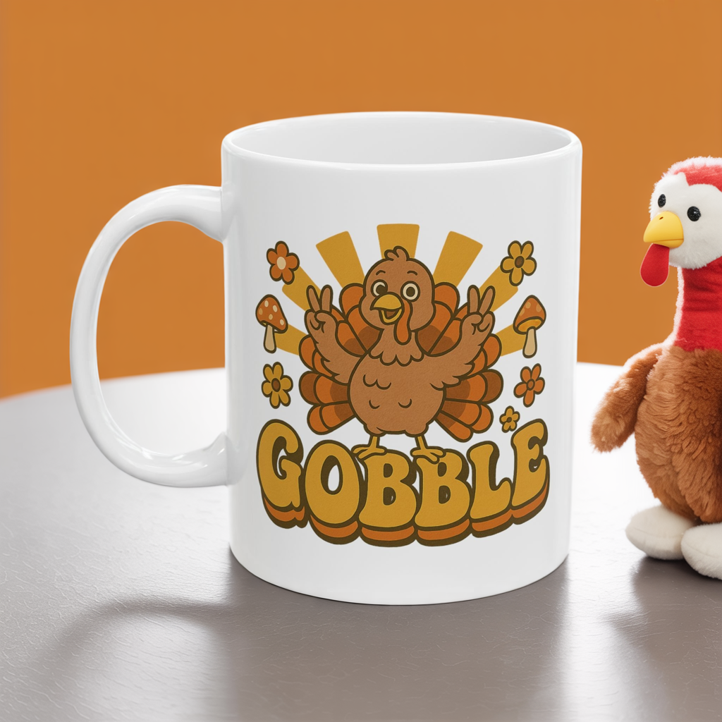 Retro Gobble Thanksgiving Mug, Cute Turkey Coffee Cup With 70s Fall Design, Funny Autumn Ceramic Mug For Holiday Decor And Festive Gifts