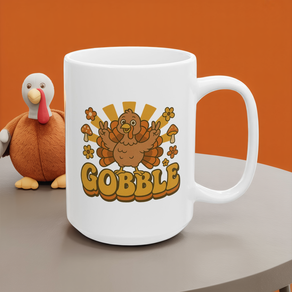 Retro Gobble Thanksgiving Mug, Cute Turkey Coffee Cup With 70s Fall Design, Funny Autumn Ceramic Mug For Holiday Decor And Festive Gifts