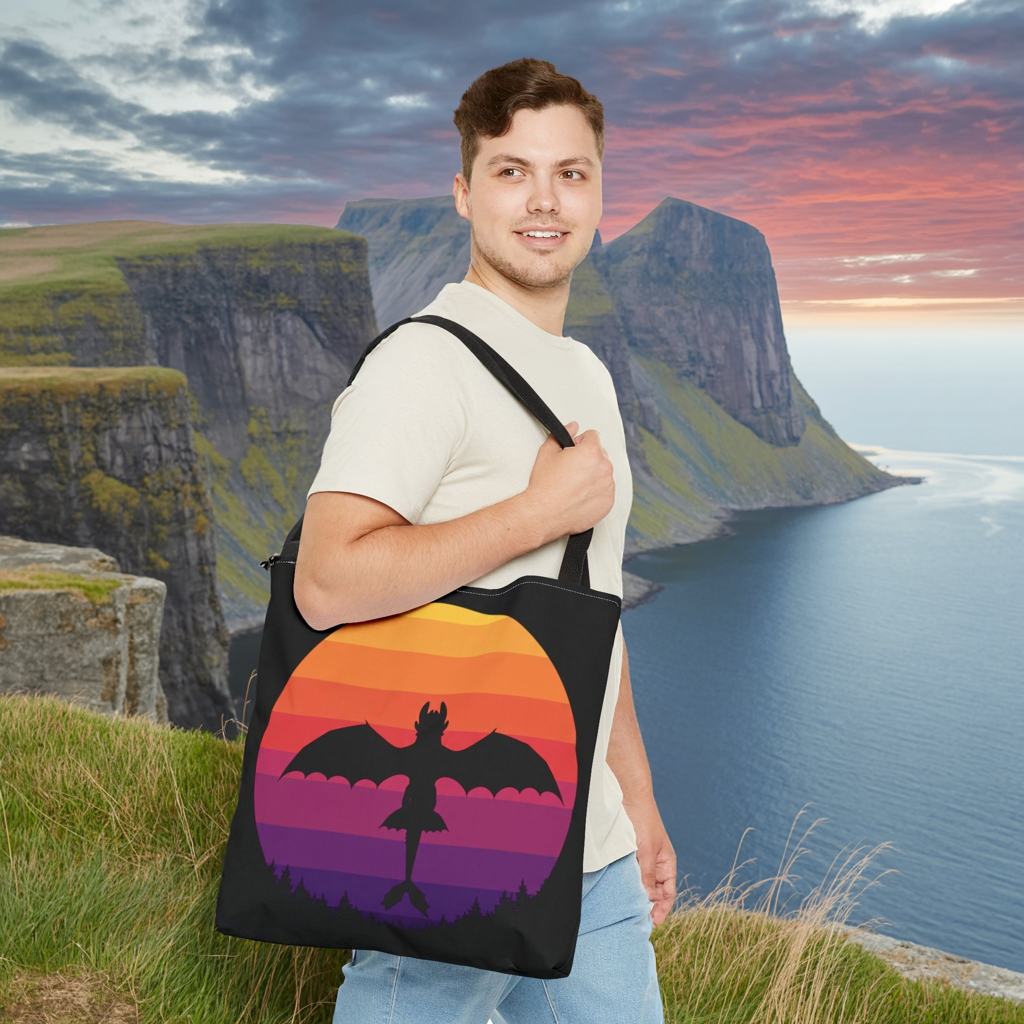 Sunset Dragon Flight Tote Bag, Reusable Eco-Friendly Shoulder Bag With Silhouette Design, Aesthetic Black Tote For Everyday Use And Gifts