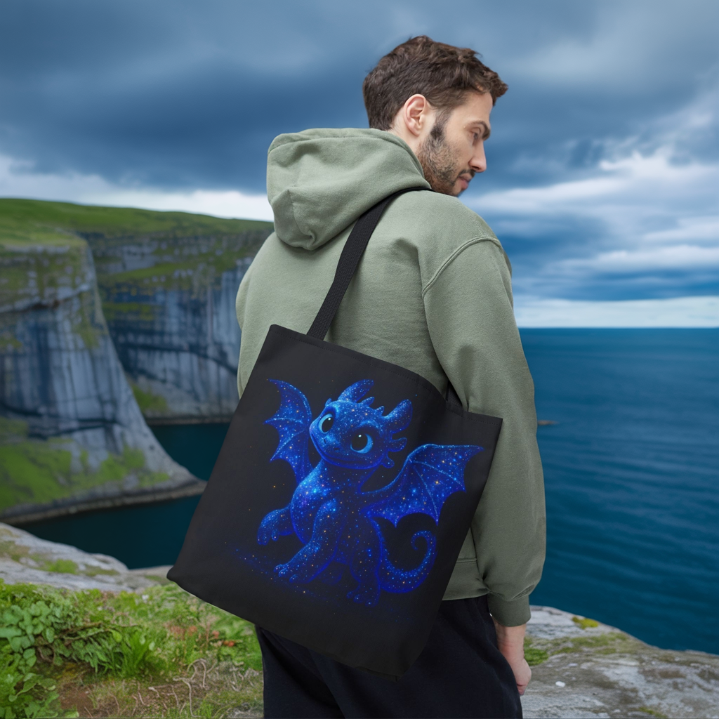 Galaxy Dragon Tote Bag, Cosmic Blue Dragon Shoulder Bag With Starry Night Design, Fantasy Art Reusable Tote For Gifts And Everyday Use