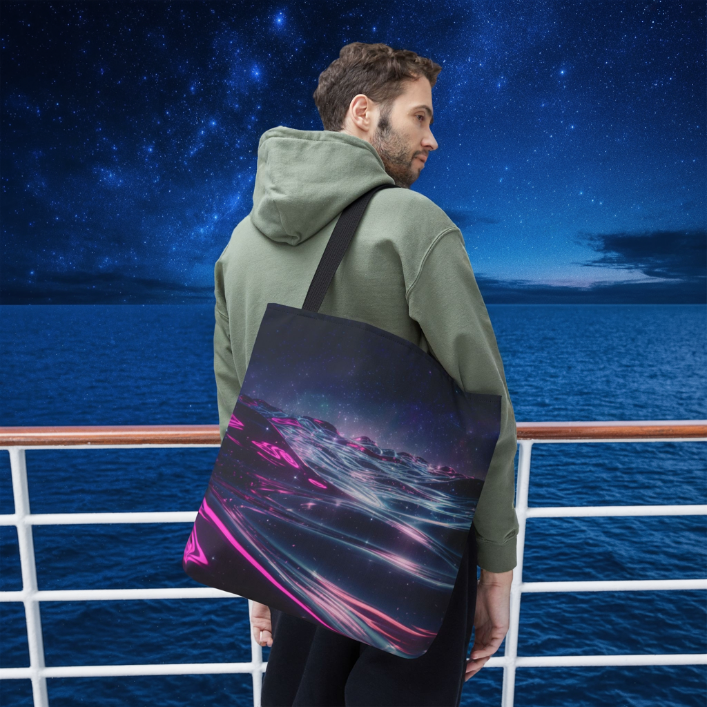 Neon Wave Horizon Tote Bag, Futuristic Ocean Design With Pink And Blue Light, Sci-Fi Aesthetic Reusable Tote For Travel, Gifts, And Everyday Use