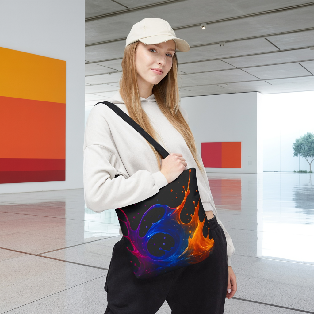 Elemental Fusion Tote Bag, Fire And Water Abstract Art Design, Vibrant Blue And Orange Splash Reusable Tote For Artists, Travel, And Everyday Use