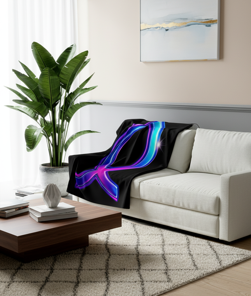 Neon Faith Sherpa Fleece Blanket, Futuristic Blue And Pink Symbol Design, Soft Glow Throw Blanket For Home Decor, Gifts, And Cozy Comfort