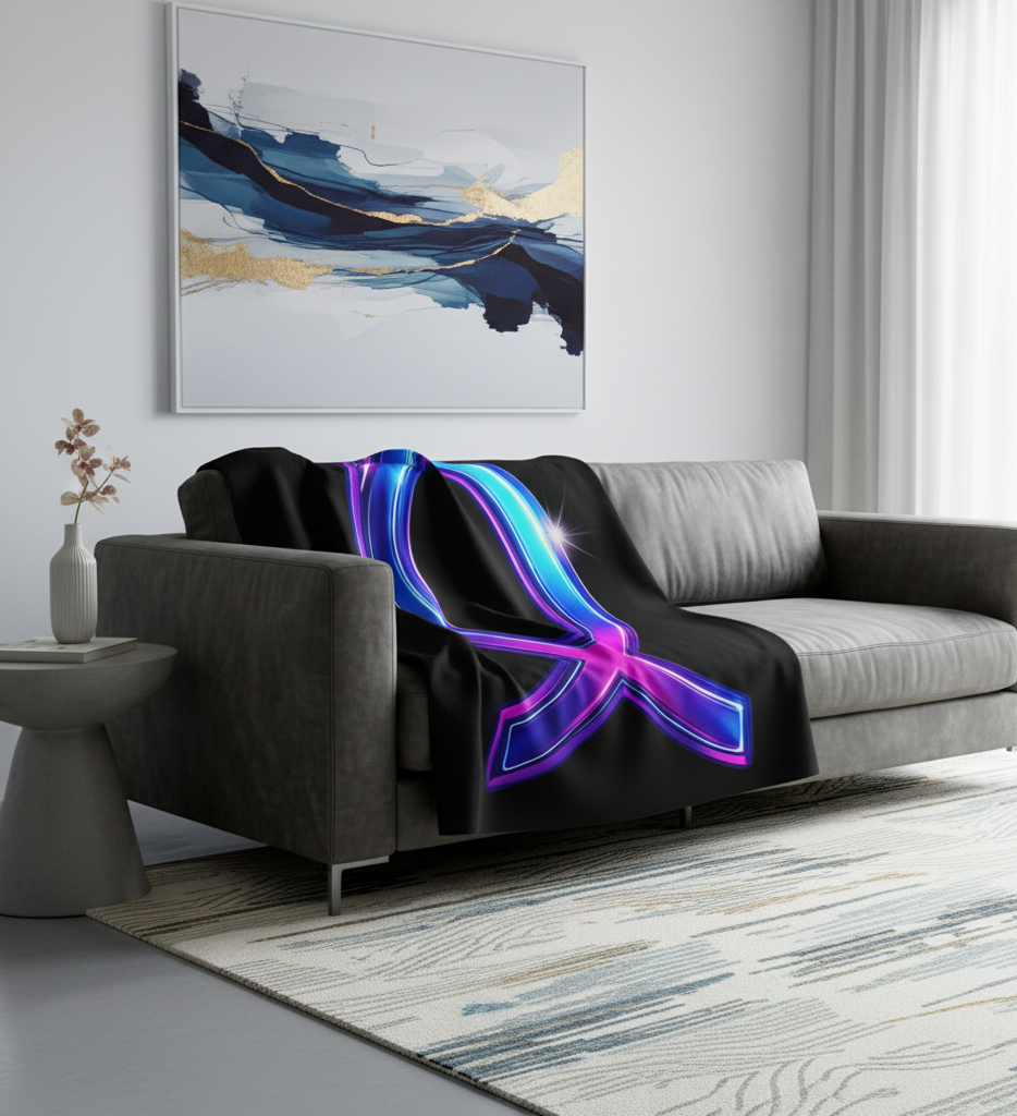 Neon Faith Sherpa Fleece Blanket, Futuristic Blue And Pink Symbol Design, Soft Glow Throw Blanket For Home Decor, Gifts, And Cozy Comfort