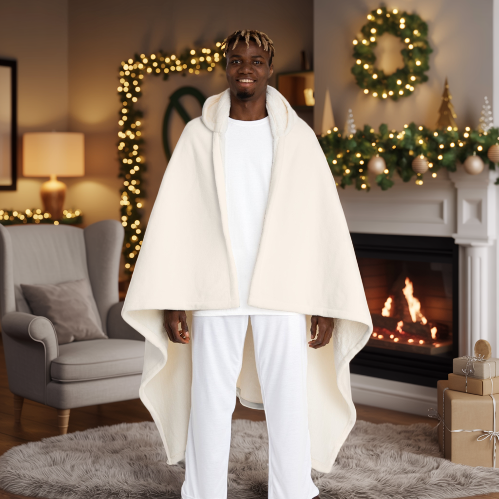 Classic Santa Hooded Sherpa Blanket, Cozy Christmas Fleece Wrap With Santa Design, Warm Holiday Gift For Winter Nights, Festive Comfort Wear