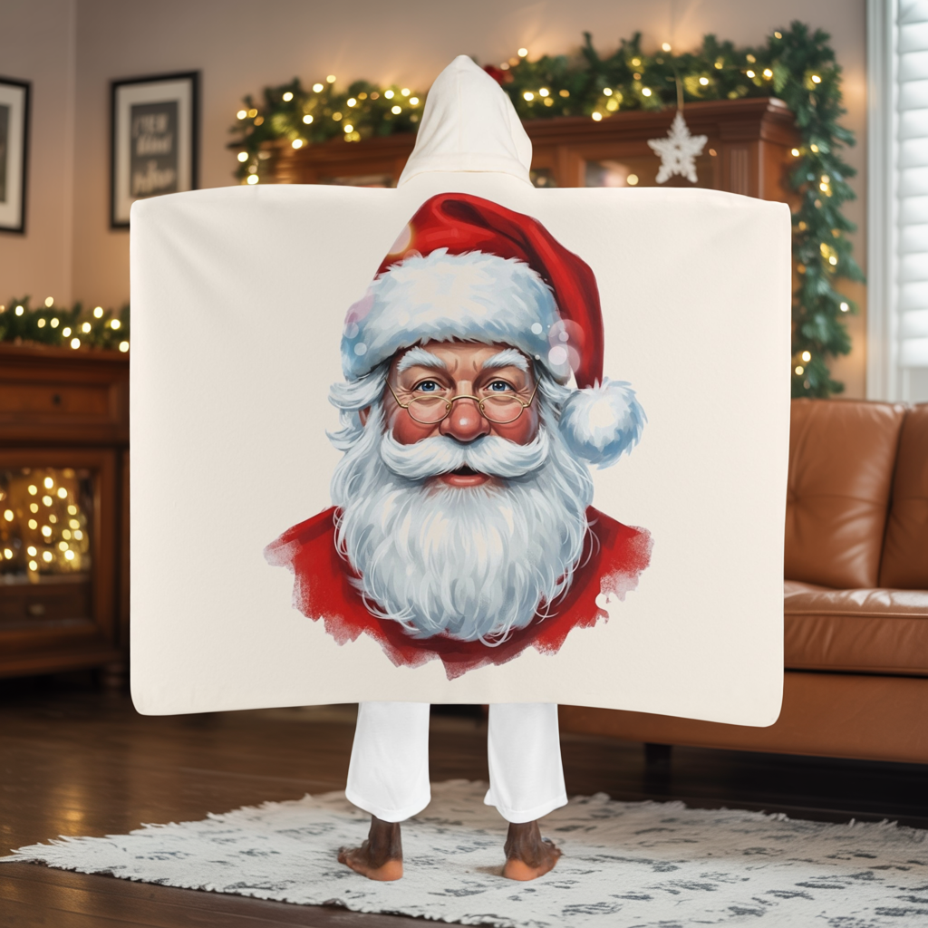Classic Santa Hooded Sherpa Blanket, Cozy Christmas Fleece Wrap With Santa Design, Warm Holiday Gift For Winter Nights, Festive Comfort Wear