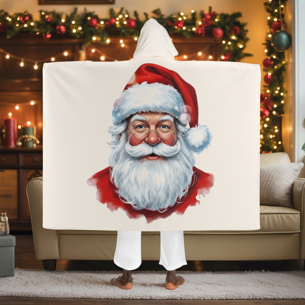 Classic Santa Hooded Sherpa Blanket, Cozy Christmas Fleece Wrap With Santa Design, Warm Holiday Gift For Winter Nights, Festive Comfort Wear