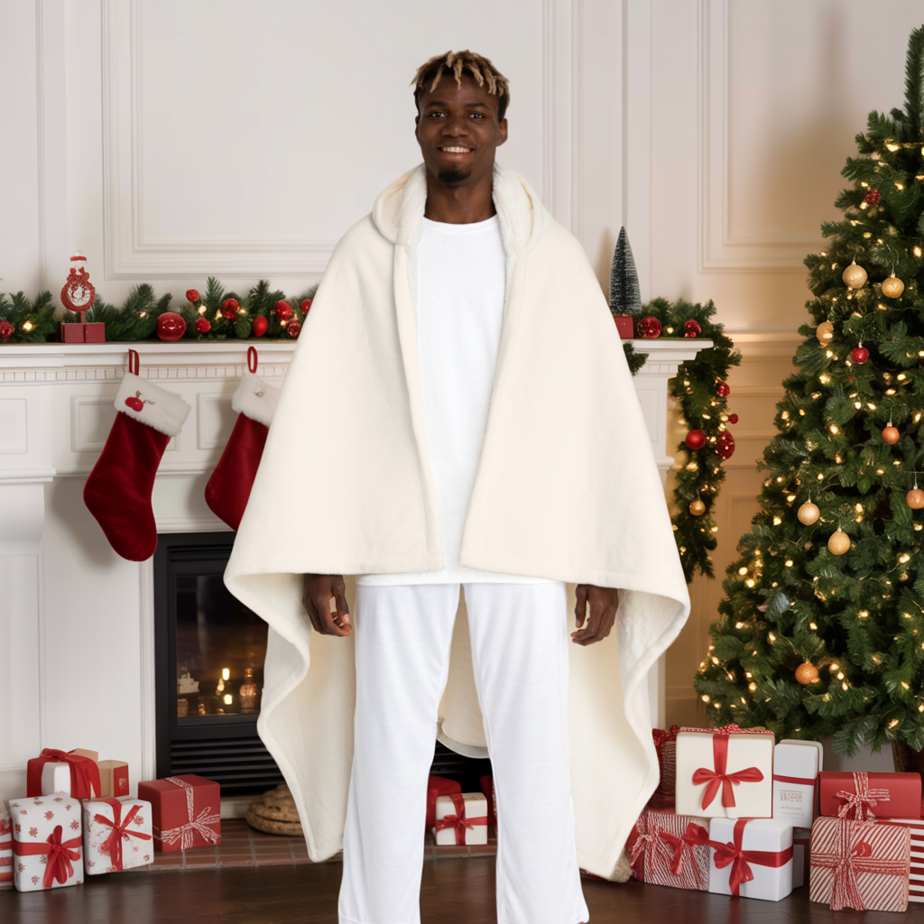 Classic Santa Hooded Sherpa Blanket, Cozy Christmas Fleece Wrap With Santa Design, Warm Holiday Gift For Winter Nights, Festive Comfort Wear