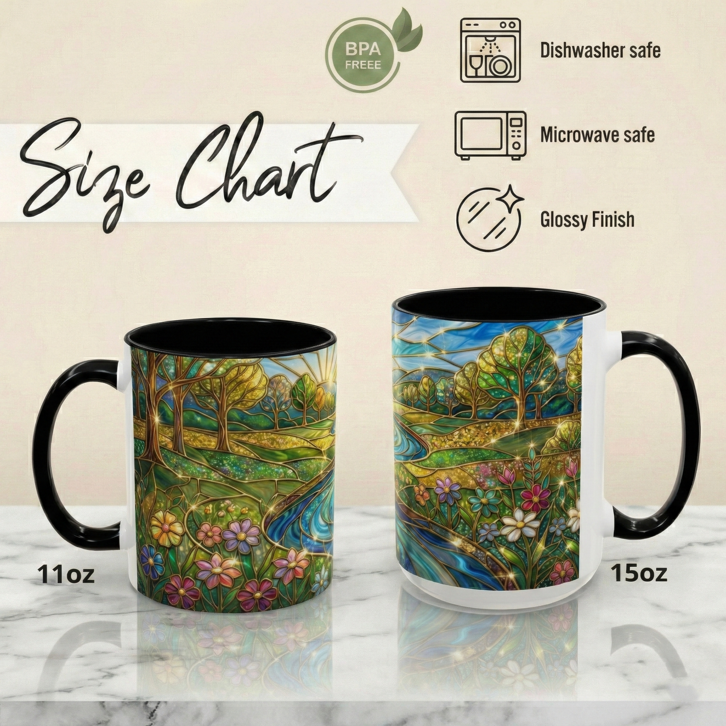 Stained Glass Mug, River Landscape Coffee Cup, Nature Lover Gift, Floral Tea Mug, Gardener Present, Art Teacher Gift, Colorful Scenery Cup