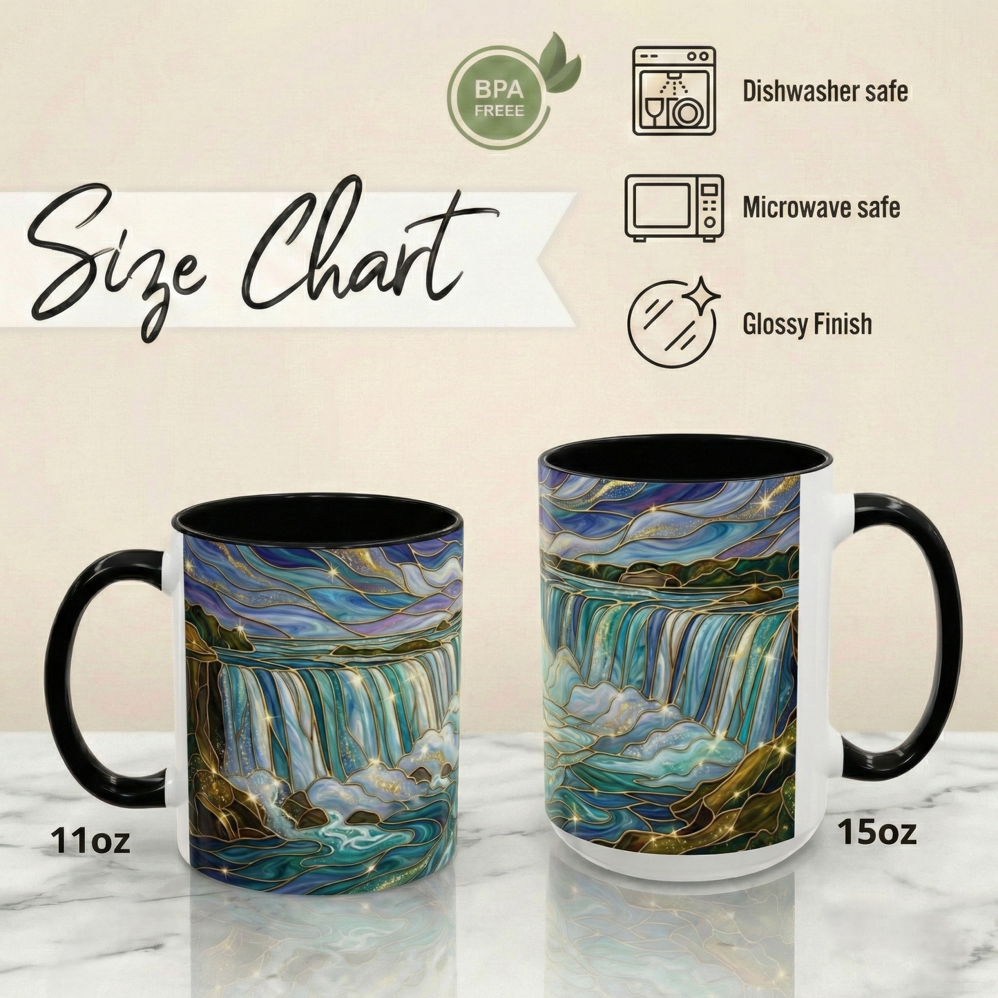 Faux Stained Glass Niagara Falls Mug, Waterfall Coffee Cup, Canada Souvenir Gift, Upstate New York Travel Memento, Nature Lover Tea Cup