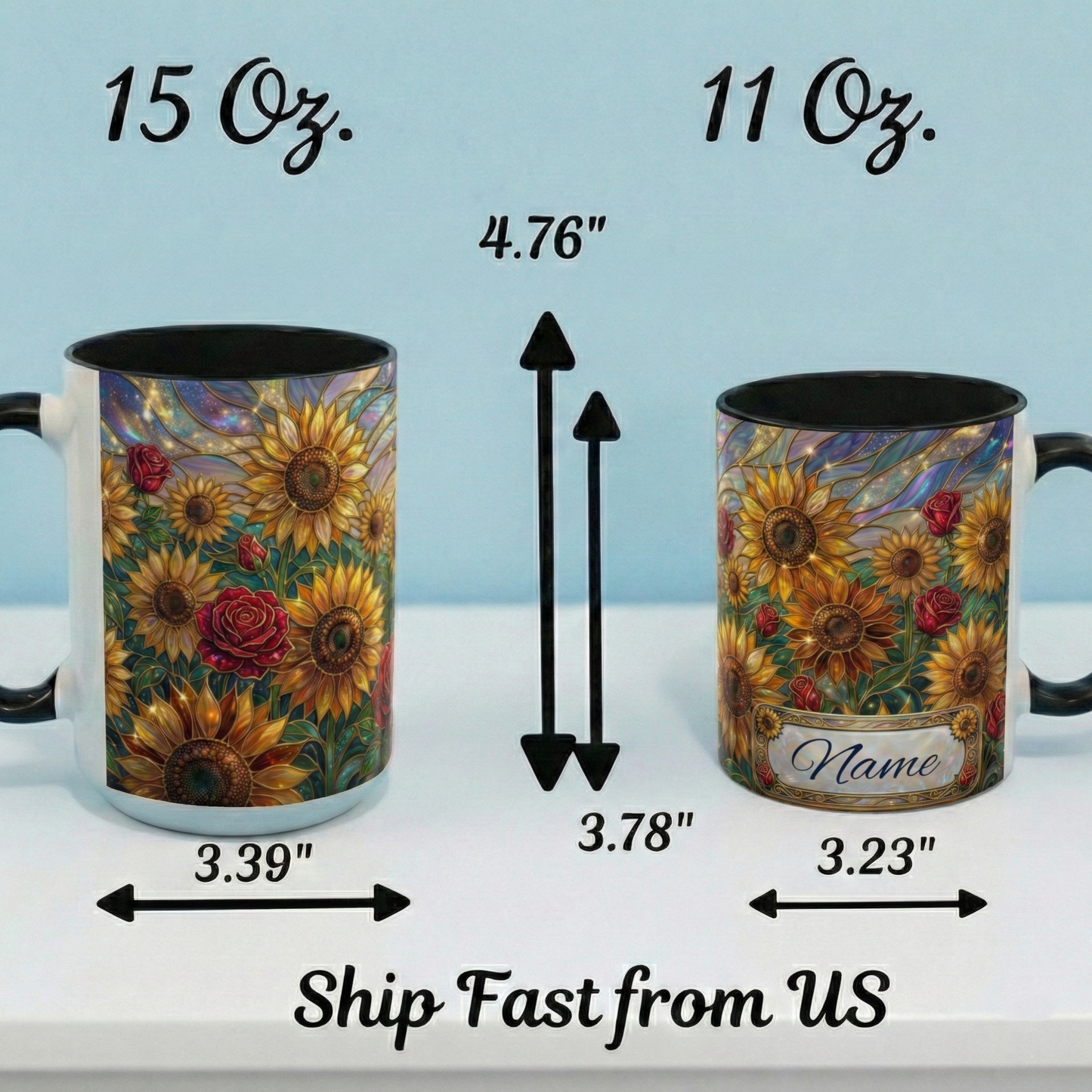 Personalized Stained Glass Sunflower Mug, Custom Red Rose Floral Coffee Cup, Celestial Night Sky Botanical Teacup, Gift For Flower Lover