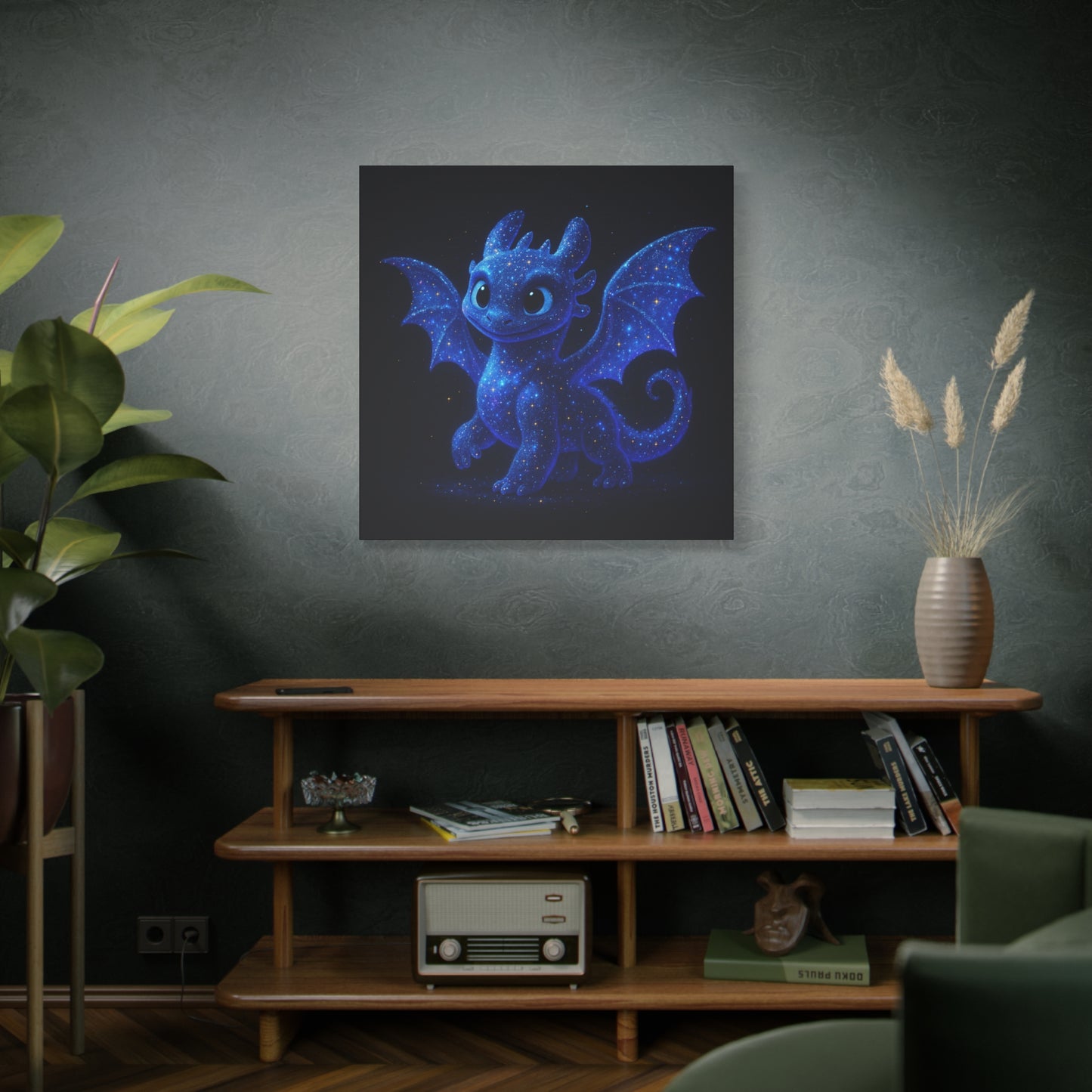 Galaxy Baby Dragon Wall Art | Cute Fantasy Dragon Canvas Print | Starry Night Nursery Decor | Whimsical Creature Room Artwork