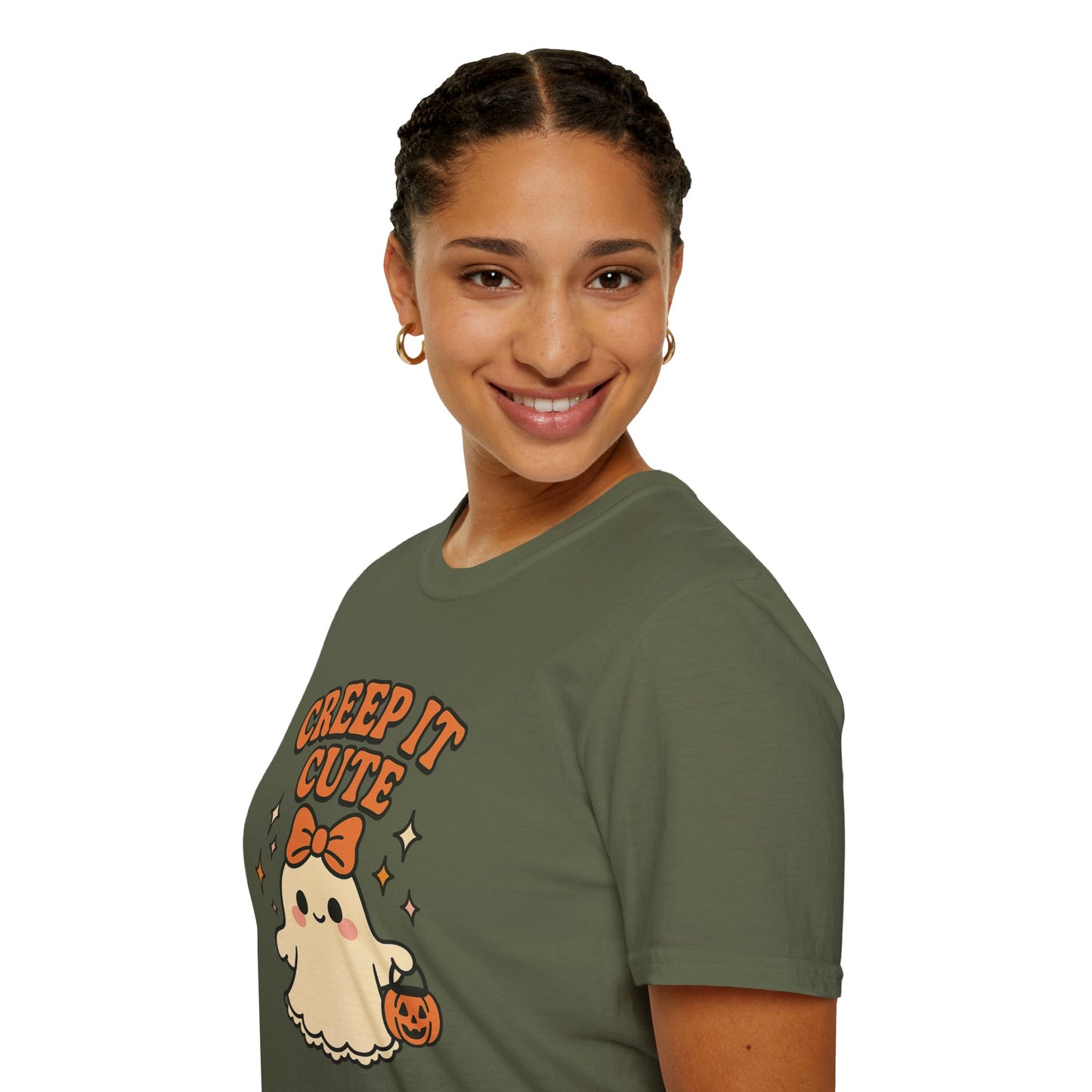 Creep It Cute Ghost Halloween Shirt - Kawaii Ghost Tee with Bow and Pumpkin, Spooky-Cute Fall Graphic T-Shirt, Spooky Season Halloween Top