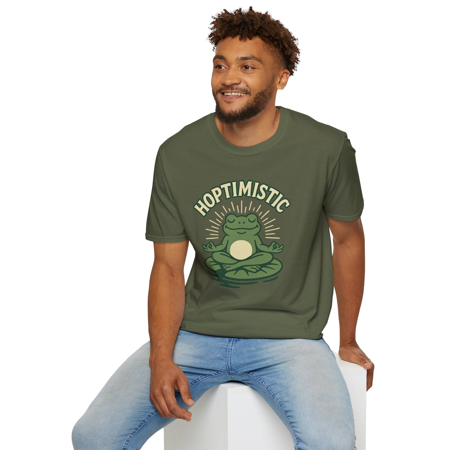 HOPTIMISTIC Relaxed Zen Frog T-Shirt • Cute Animal Graphic Tee • Mindful Yoga Frog Humor • Unisex Gift • Nature Lover Shirt