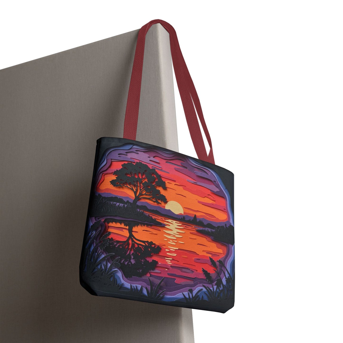 Sunset Landscape Canvas Tote Bag – Paper‑Art Inspired Nature Scene Tote – Colorful Sunset Market Tote, Eco Reusable Beach Bag, Vibrant Gift for Her