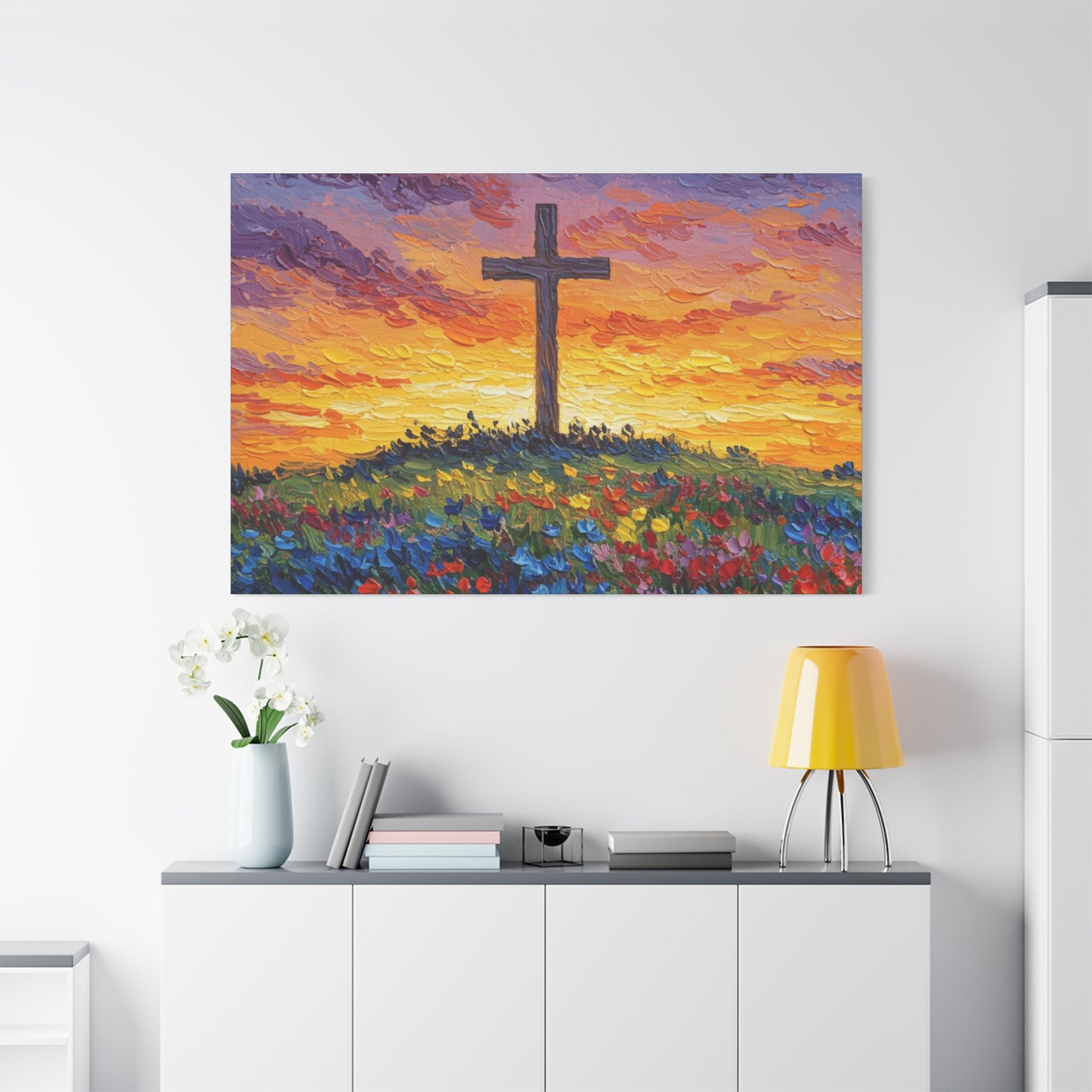 Van Gogh Inspired Inspirational Stretched Canvas Art - Sunset Cross Landscape