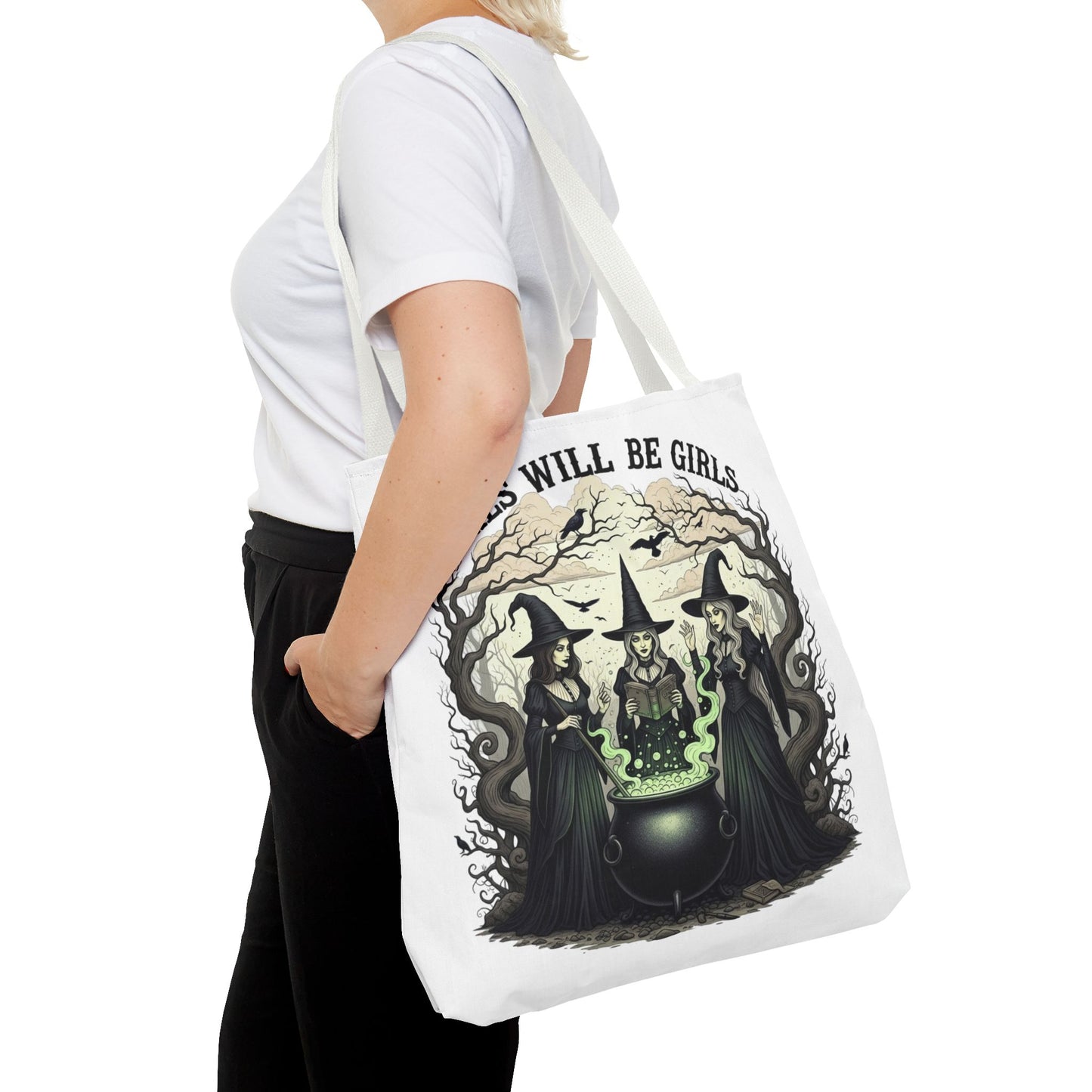 Girls Will Be Girls Halloween Tote Bag, Witchy Aesthetic Bag, Gothic Witches Cauldron Art, Spooky Gift, Reusable Eco Tote For Halloween Lovers