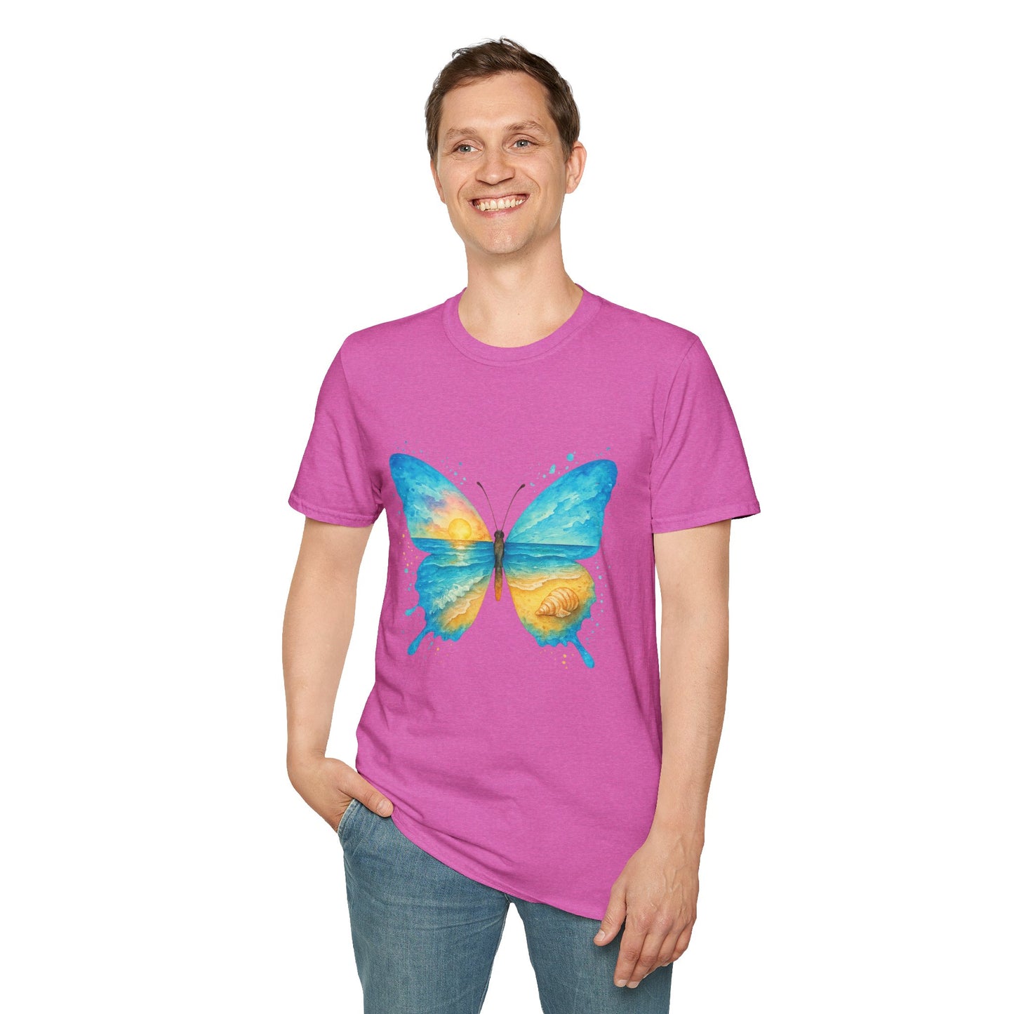 Butterfly Sunset Beach Tee - Scenic Butterfly Graphic Shirt, Nature Lover Gift, Boho Ocean Tee, Unisex Casual T-Shirt