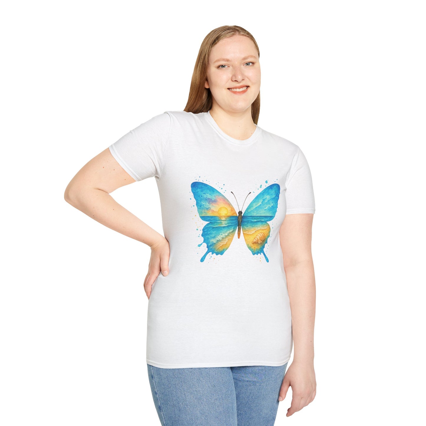 Butterfly Sunset Beach Tee - Scenic Butterfly Graphic Shirt, Nature Lover Gift, Boho Ocean Tee, Unisex Casual T-Shirt