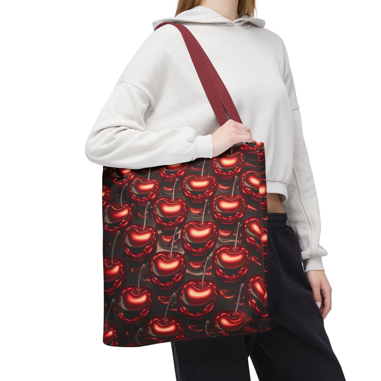 Glossy Cherry Pattern Canvas Tote Bag – Retro Black & Red Cherry Print, Coquette Cottagecore Aesthetic Shopper Tote, Fruit Lover Gift