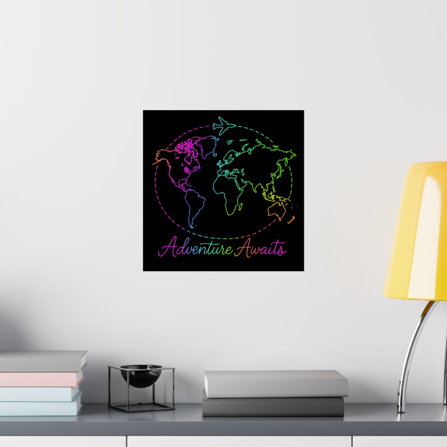 Adventure Awaits Neon Poster - Y2K Rainbow World Map and Plane Wall Art - Travel Aesthetic Decor for Office, Dorm, Bedroom + Gift