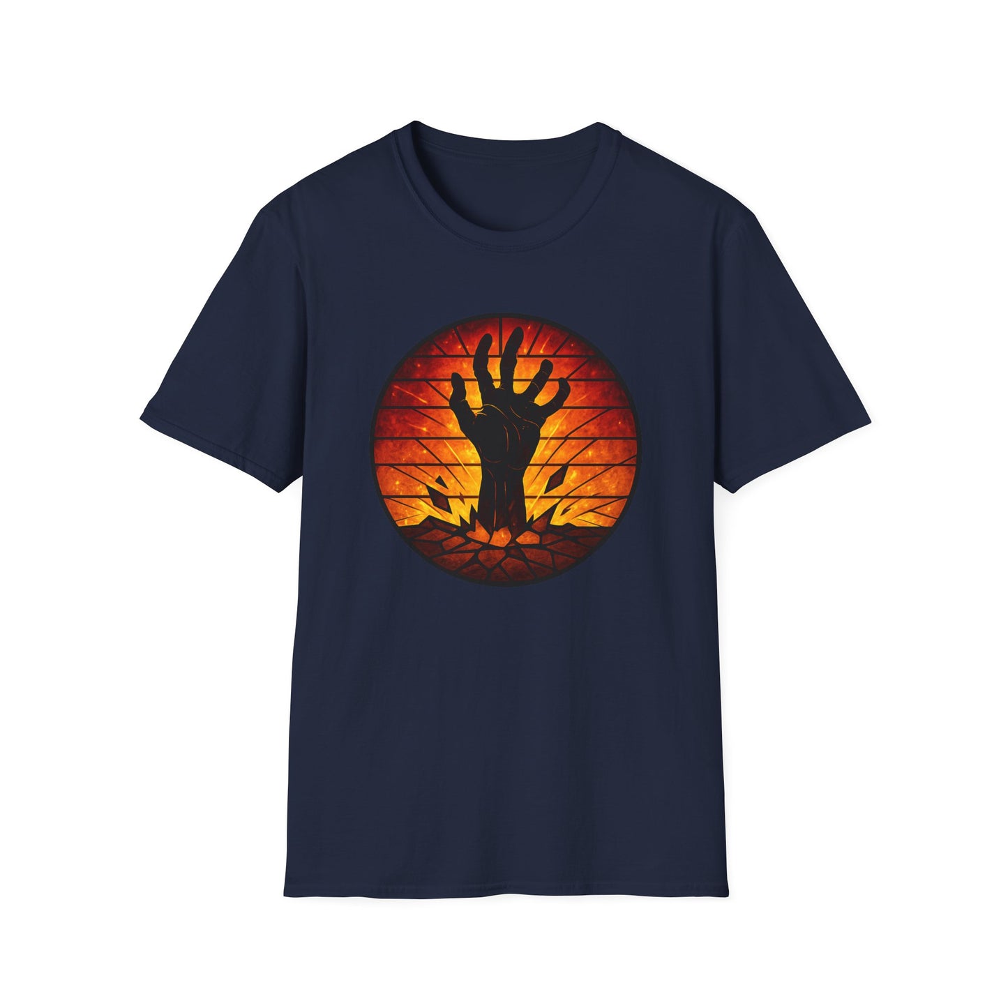Zombie Hand Sunset T-Shirt – Stained Glass Horror Shirt, Halloween Gothic Tee, Undead Rising Art Tee, Creepy Spooky Shirt for Fall