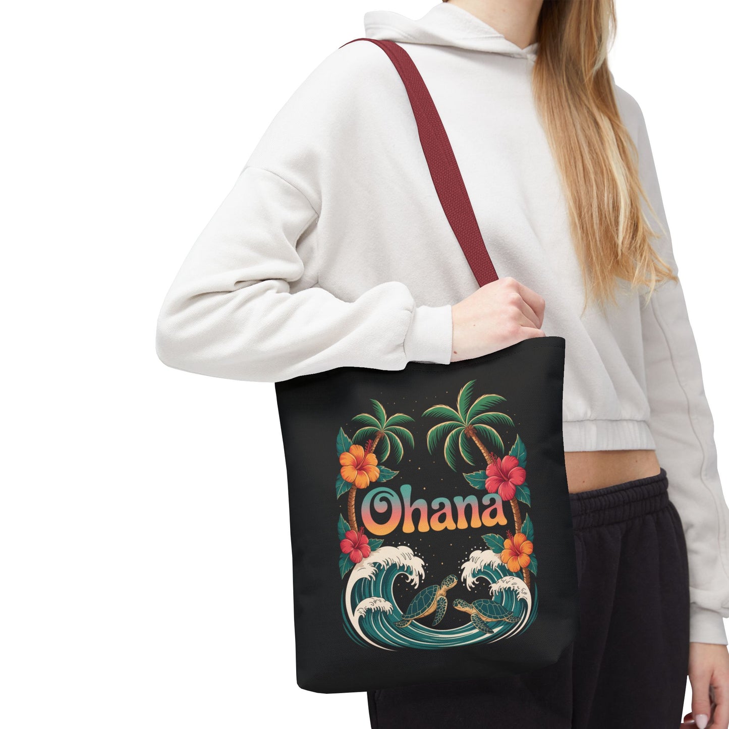 Ohana Tote Bag – Hawaiian Beach Tote with Sea Turtles & Palm Trees – Floral Tropical Reusable Bag, Summer Gift, Aesthetic Travel Purse
