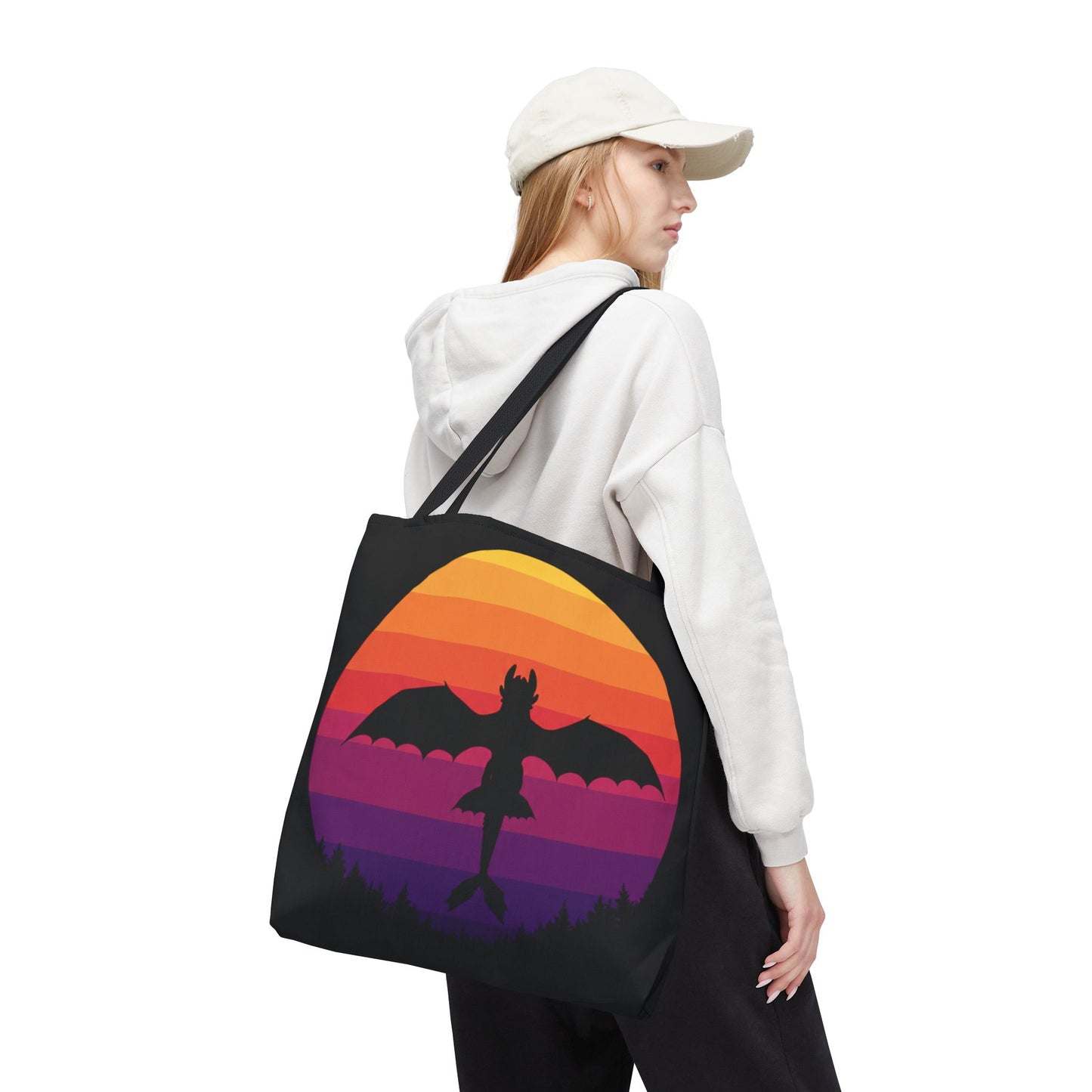Sunset Dragon Flight Tote Bag, Reusable Eco-Friendly Shoulder Bag With Silhouette Design, Aesthetic Black Tote For Everyday Use And Gifts