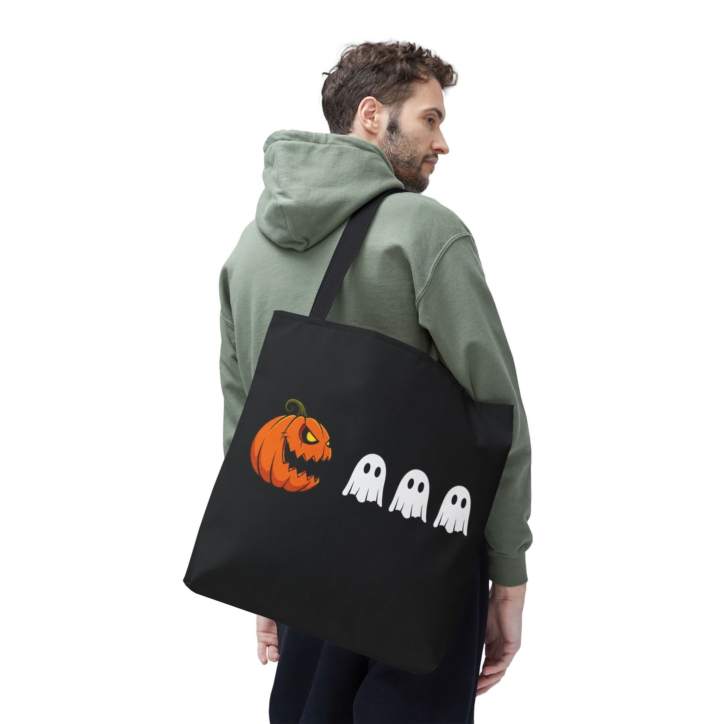 Halloween pumpkin ghost tote bag, spooky trick or treat canvas bag, ghost pumpkin design reusable tote, spooky season gift tote