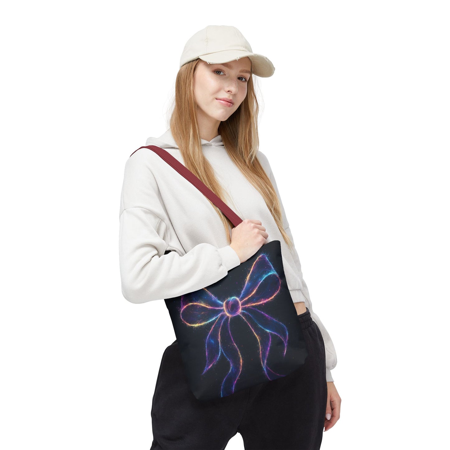 Galaxy Glow Bow Tote Bag, Cosmic Neon Ribbon Design, Black Space Art Bag, Celestial Gift For Her, Stylish Reusable Everyday Tote