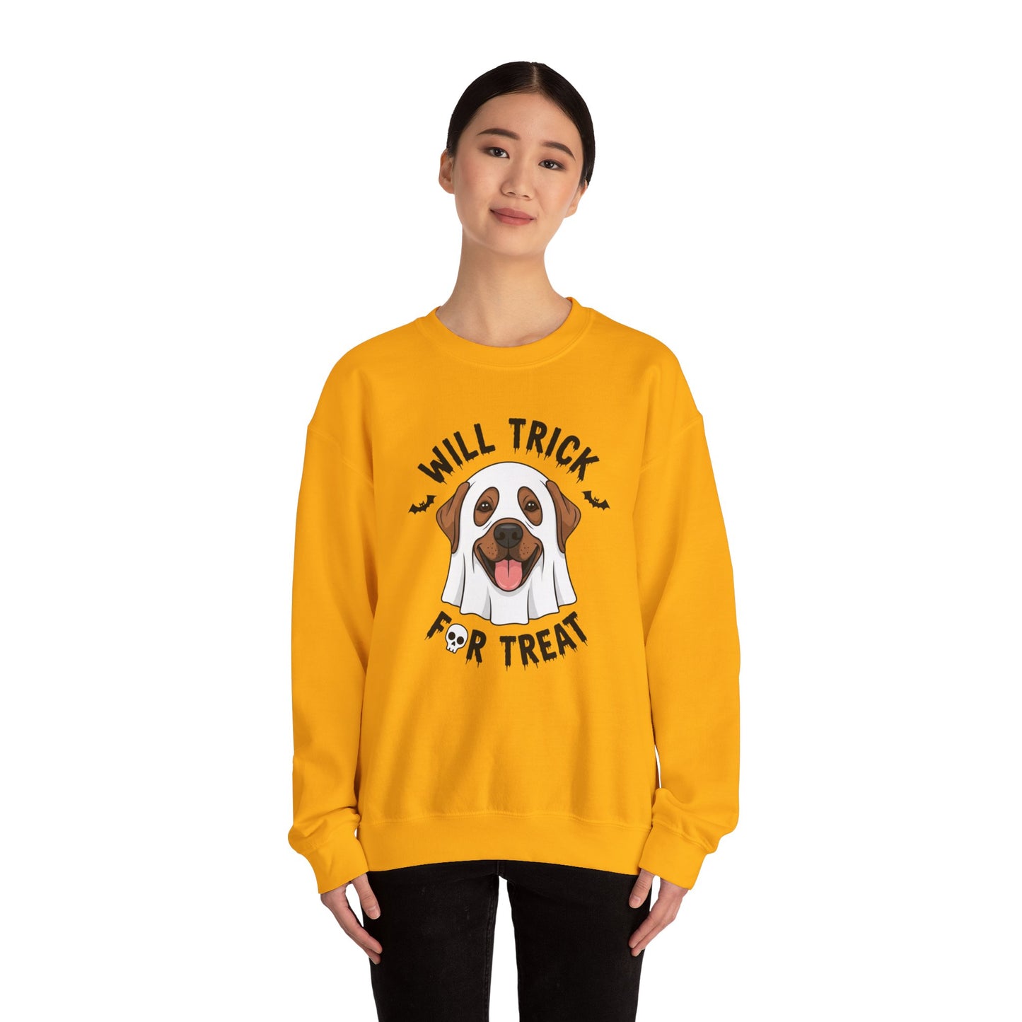Will Trick for Treat Sweatshirt, Ghost Dog Halloween Crewneck, Funny Pet Costume Graphic Pullover, Trick-or-Treat Dog Lover Gift Sweater