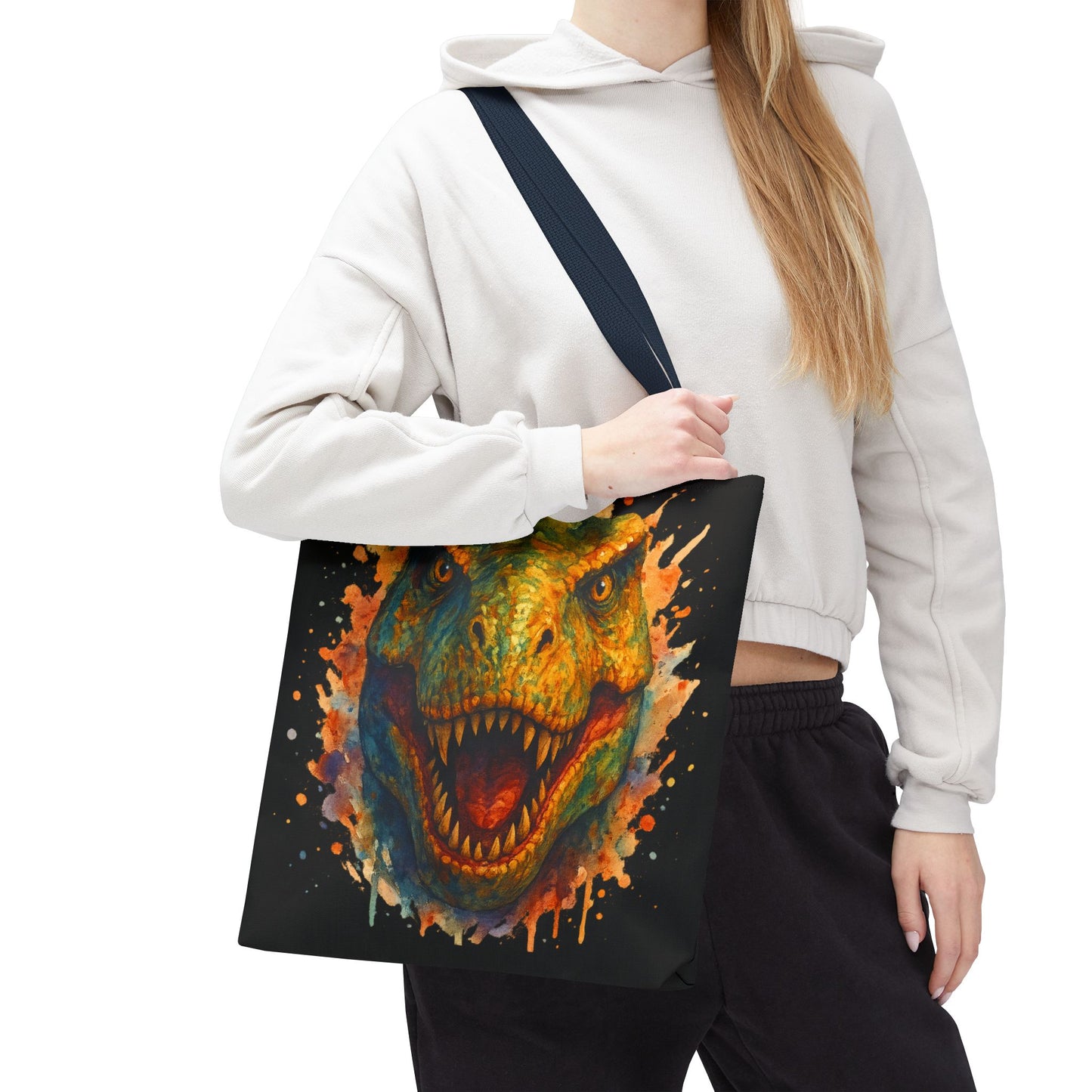 T-Rex Watercolor Tote Bag - 100% Polyester Canvas, Vibrant Dinosaur Art Bag, Reusable Beach-Market Tote, Dino Lover Gift, Bold Style