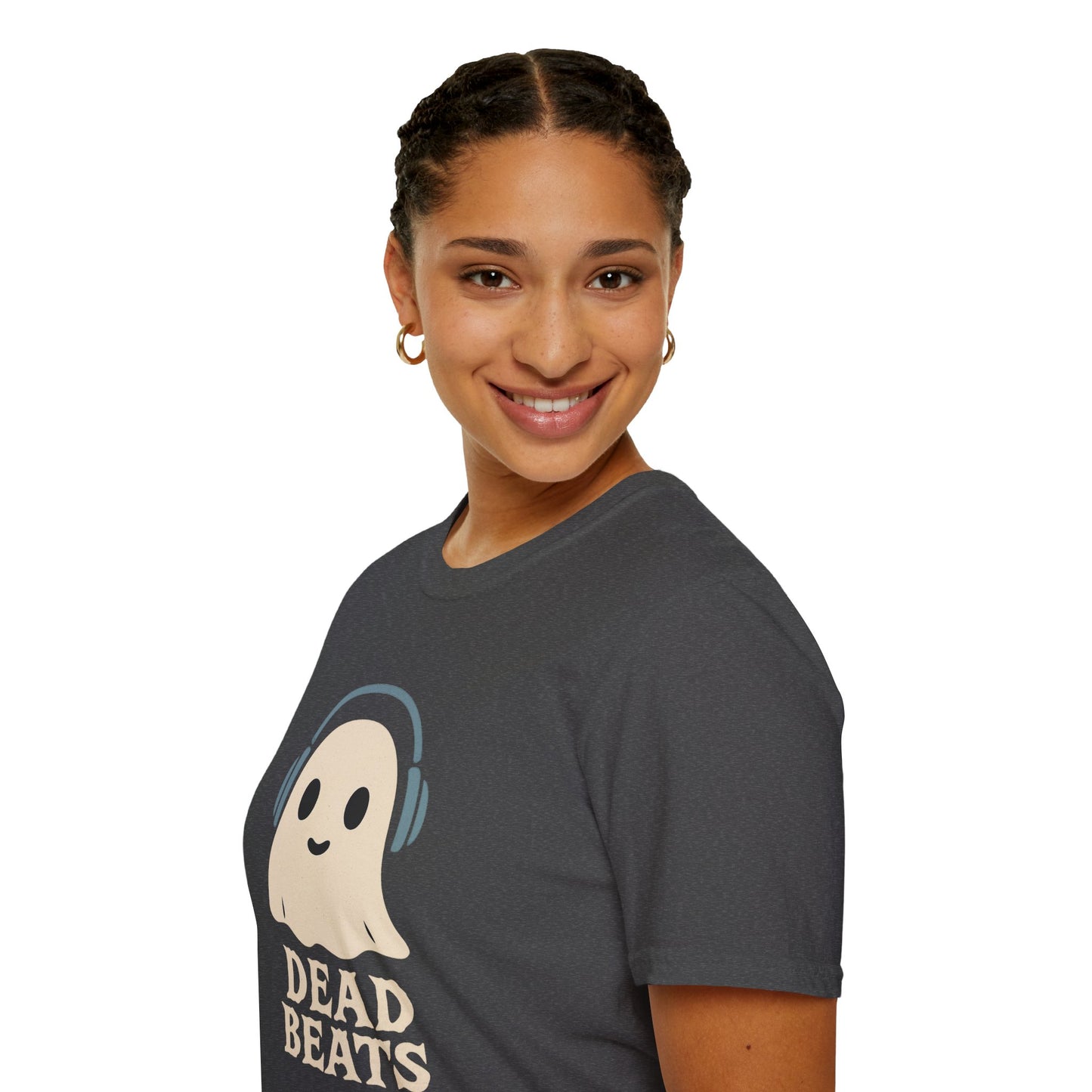 Dead Beats Ghost T-Shirt - Funny Music Halloween Shirt - Cute Ghost with Headphones Tee - Gift for DJs, Musicians and Spooky Season