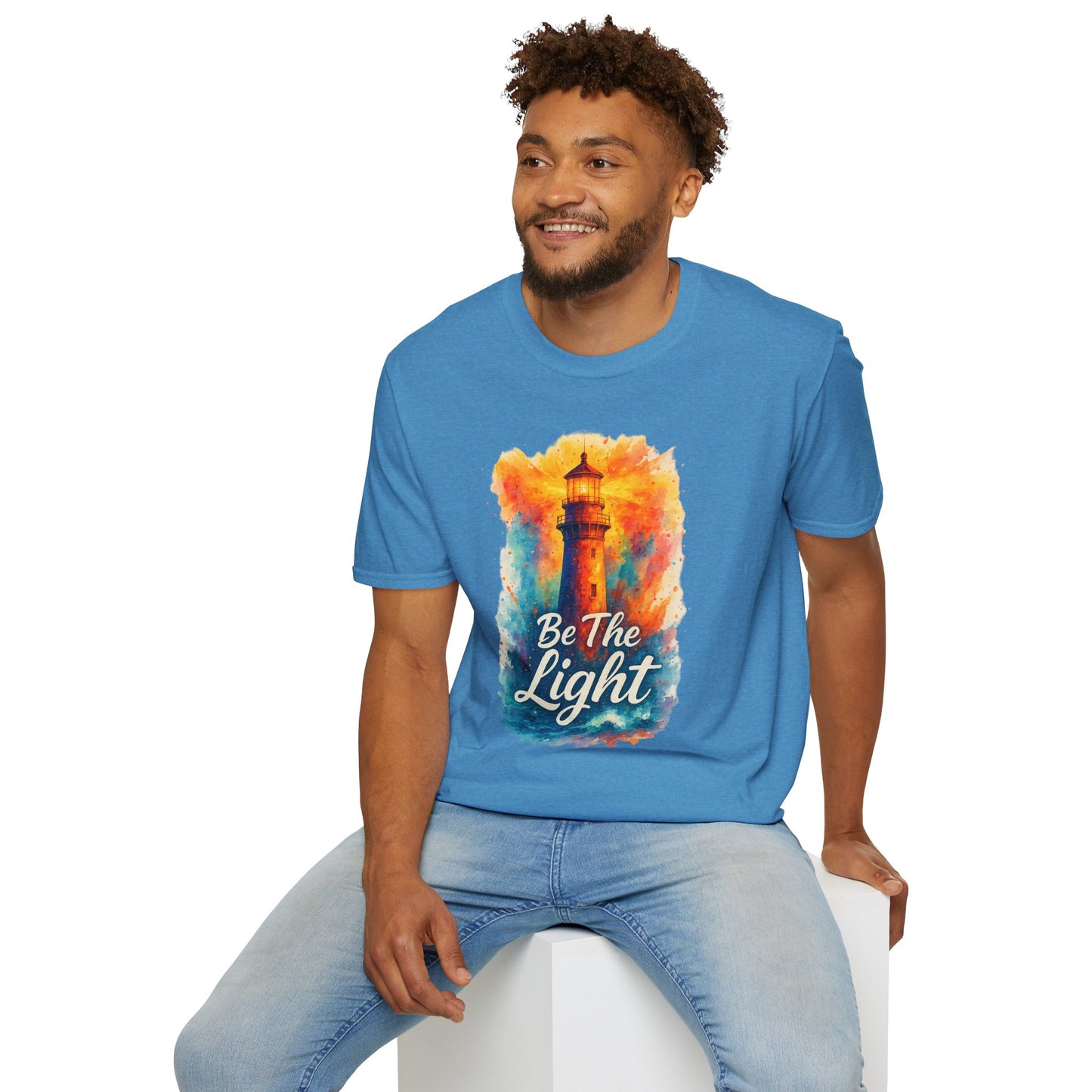 Be The Light Lighthouse T-Shirt | Inspirational Spiritual Tee | Coastal Nautical Gift for Her and Him | Unisex Softstyle Graphic Tee