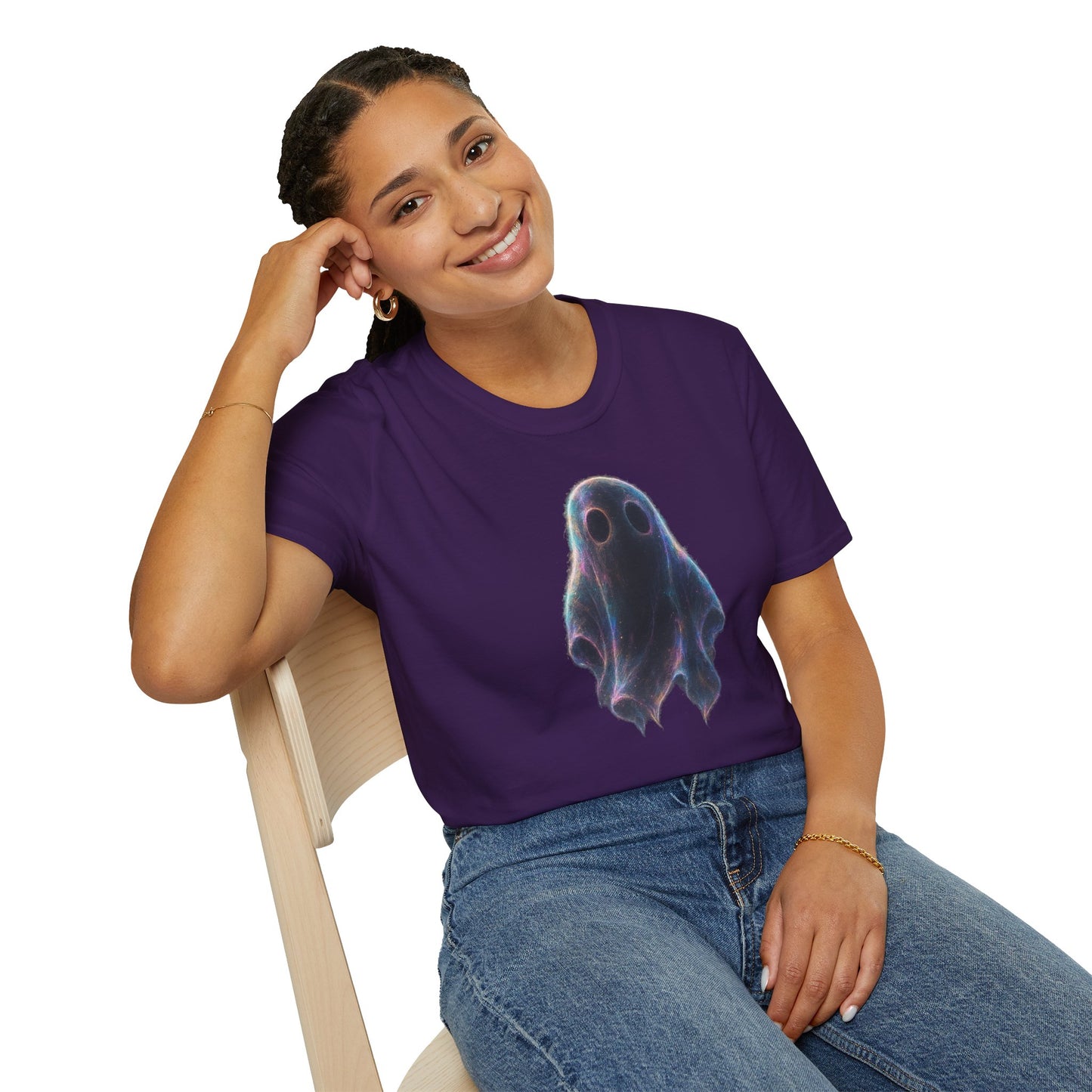 Ethereal Neon Ghost Tee - Iridescent Ghost Graphic T-Shirt, Spooky Aesthetic Halloween Shirt, Vibrant Vaporwave Ghost Tee for Fall