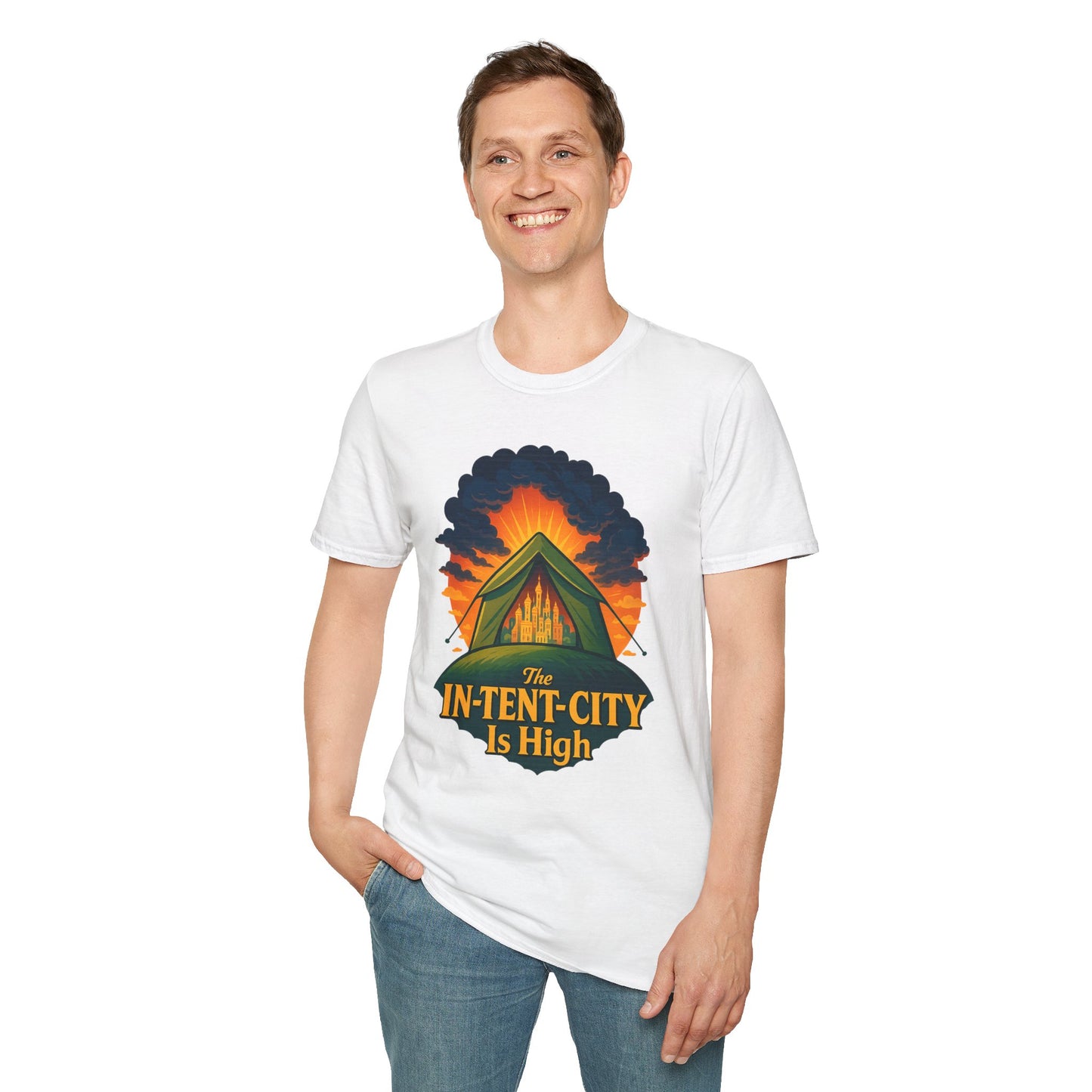 In-Tent-City Is High Camping Tee | Retro Tent Graphic T-Shirt for Hikers & Campers | Funny Outdoorsy Gift | Vintage Style Unisex Tee