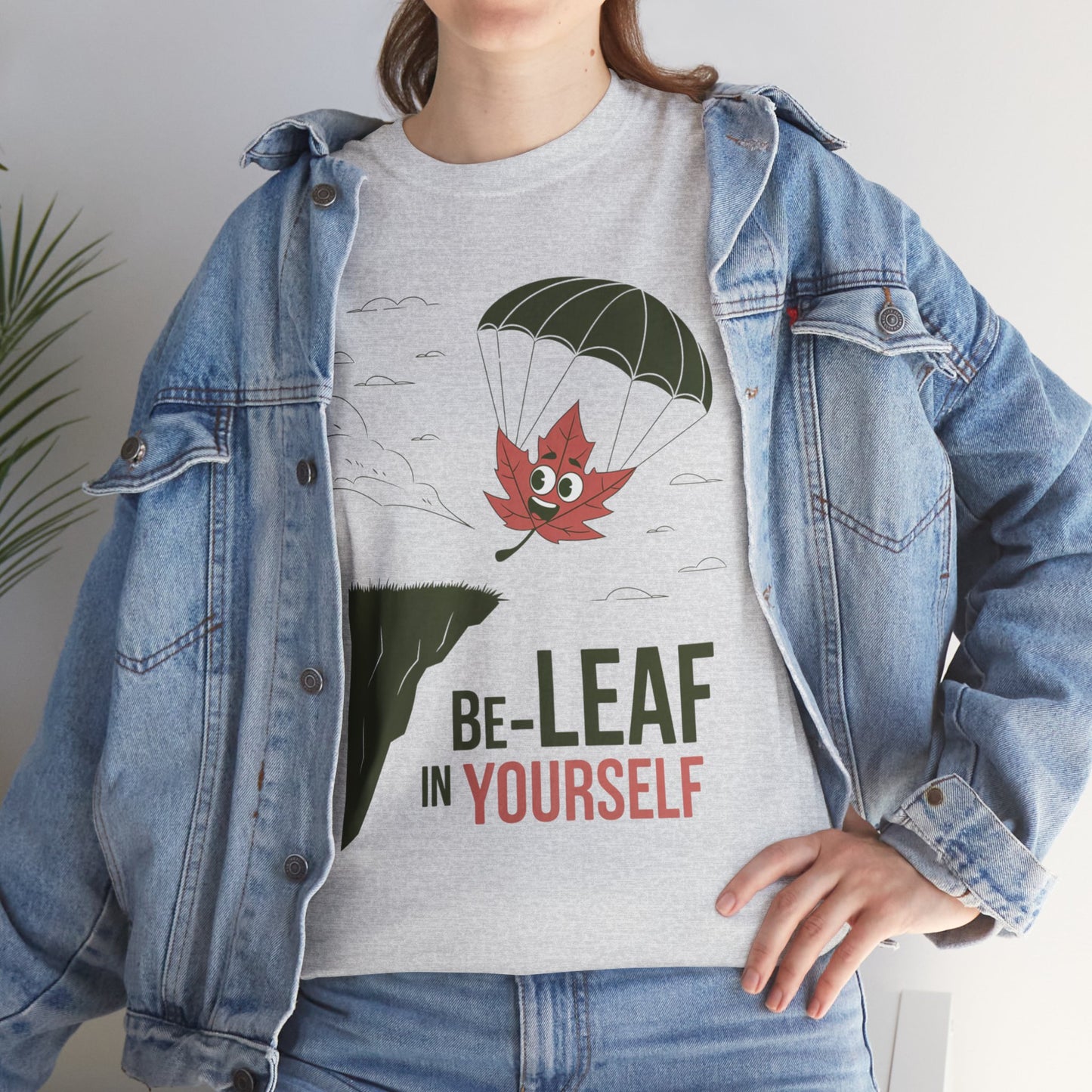 Be-Leaf In Yourself Maple Leaf Parachute T-Shirt | Funny Motivational Nature Graphic Tee | Self-Love Fall Autumn Shirt | Outdoorsy Gift