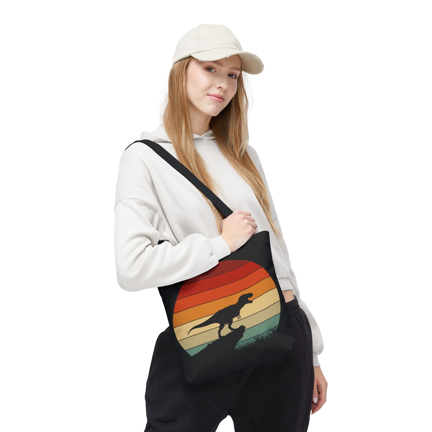 Retro Dinosaur Sunset Tote Bag | AOP Canvas Shopper - Eco Beach Bag for Dino Lovers and Kids, All-Over Print Summer Travel Gift