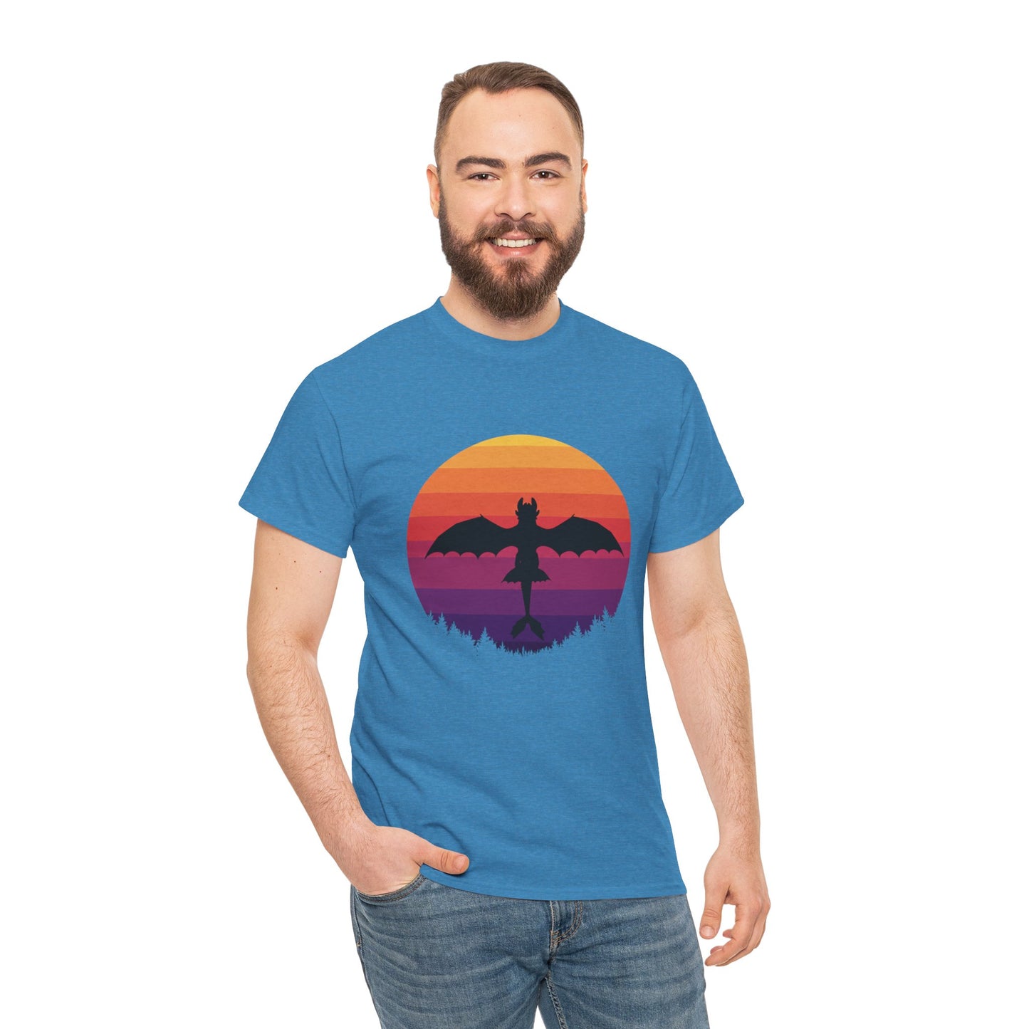 Night Dragon Sunset T-Shirt | Retro Dragon Silhouette Tee | Fantasy Dragon Shirt | Unisex Graphic Tee | Gift for Dragon Lovers