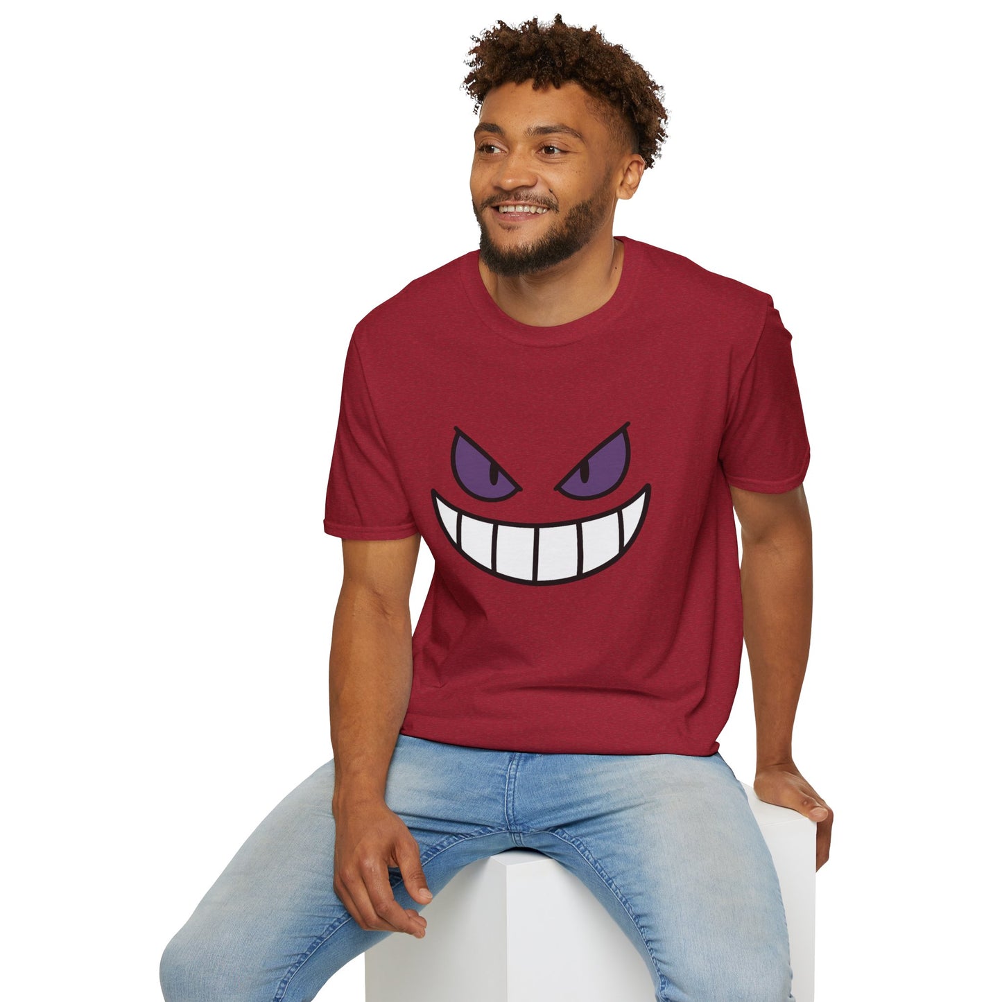 Mischievous Shadow Face Tee - Purple Eyes and Big Grin Graphic Shirt | Spooky Cute Gift, Retro Gaming Vibe, Funny Halloween Unisex Top