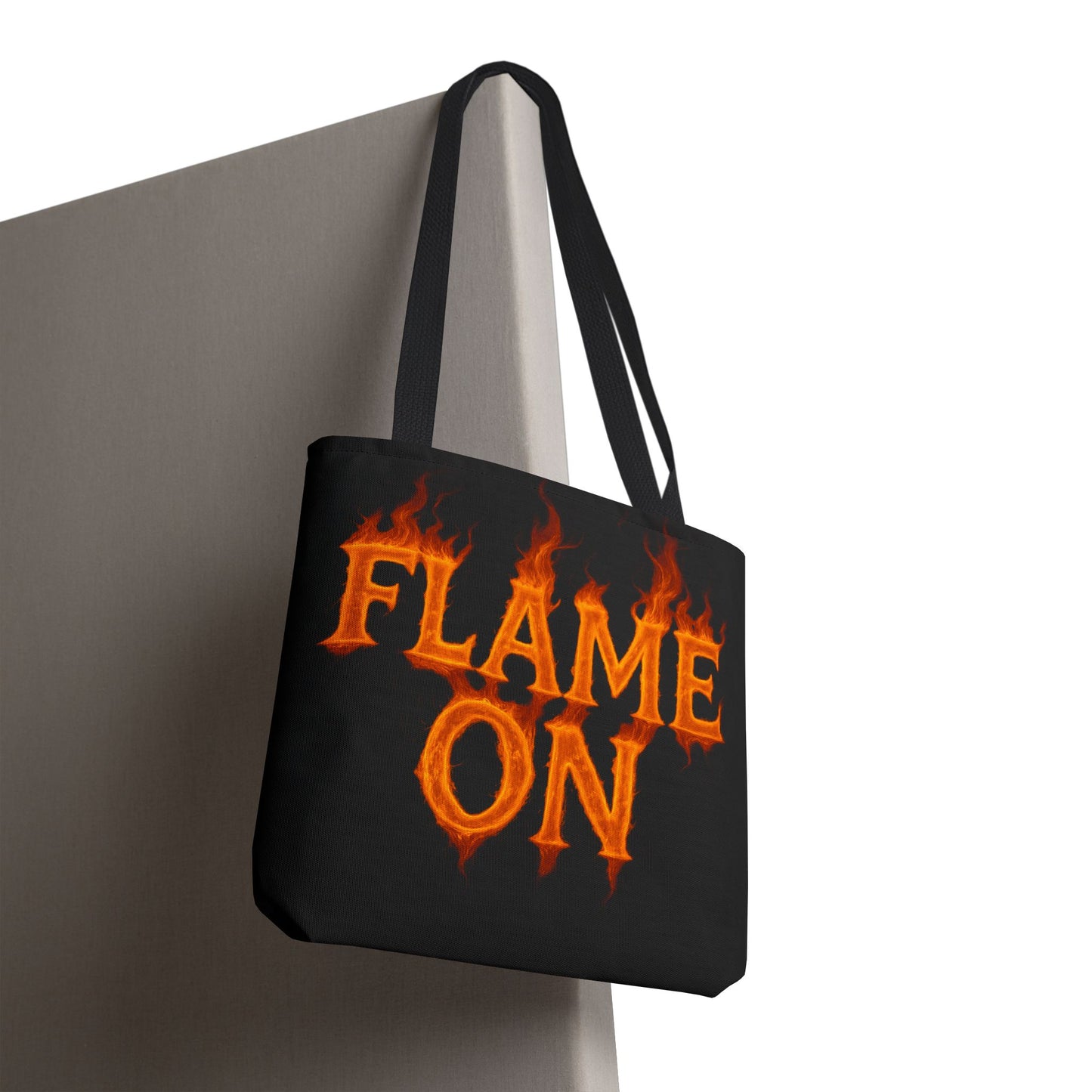 Flame On Tote Bag - Fire Typography Black Bag for Book Lovers, Gym, or Groceries | Bold Comic-Inspired Catchphrase Tote
