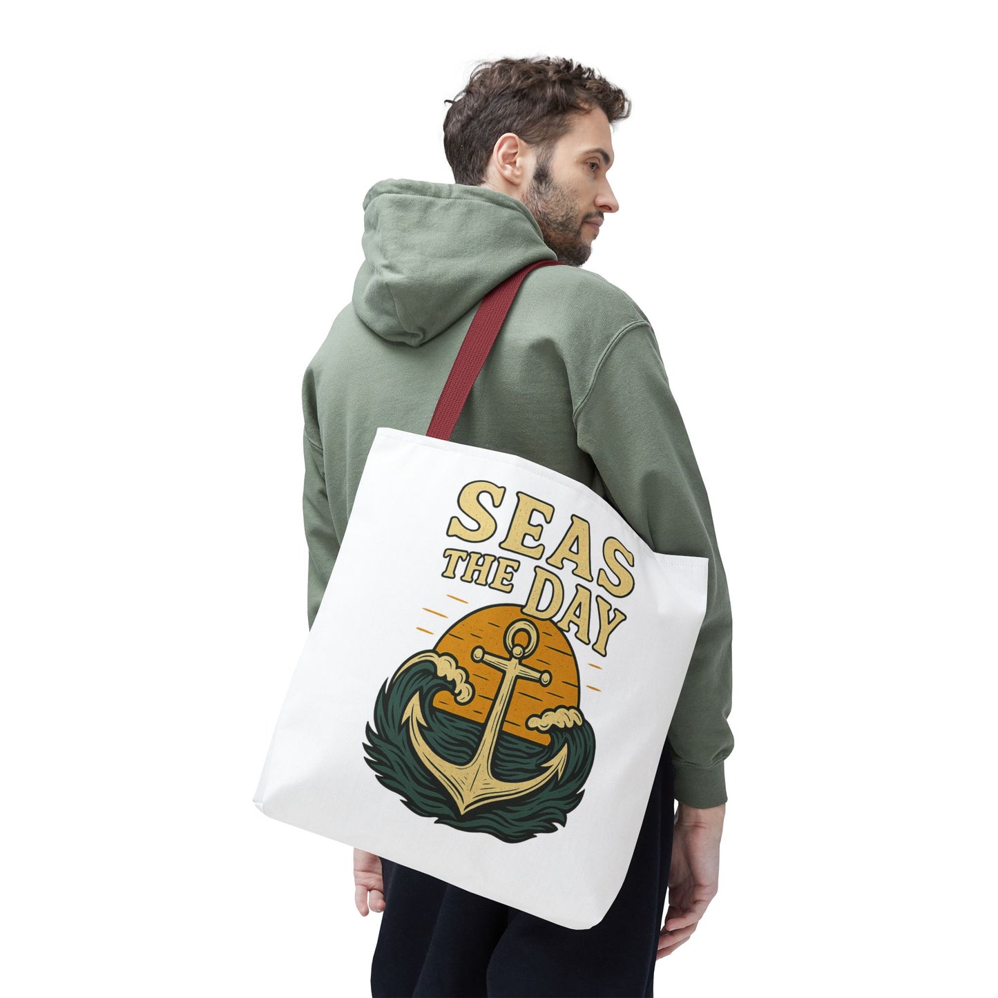 "Seas the Day" Nautical Tote Bag – Funny Beach Quote Canvas Bag with Anchor | Coastal Gift Idea for Summer, Travel, or Daily Use