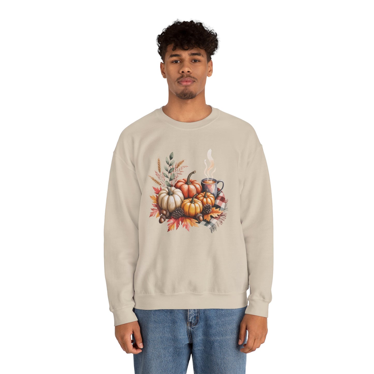 Fall Pumpkin Sweatshirt, Cozy Autumn Crewneck, Thanksgiving Sweater With Pumpkins And Coffee, Fall Leaves Pullover, Seasonal Gift