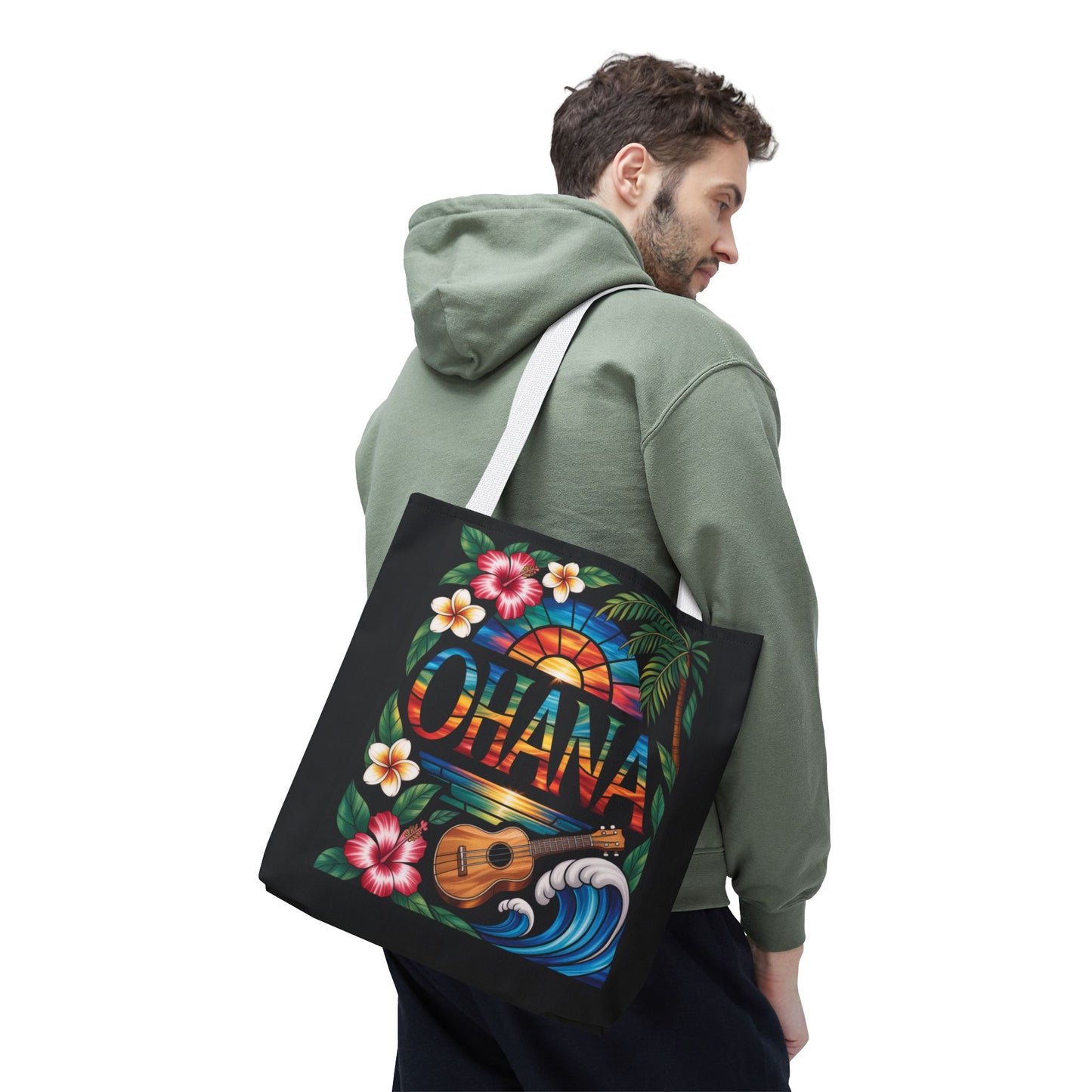 Ohana Tote Bag – Hawaiian Tropical Beach Bag with Ukulele, Sunset & Hibiscus Flowers, Island Gift for Women, Aloha Family Vibes
