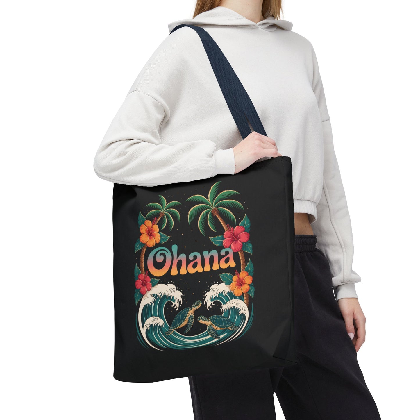Ohana Tote Bag – Hawaiian Beach Tote with Sea Turtles & Palm Trees – Floral Tropical Reusable Bag, Summer Gift, Aesthetic Travel Purse