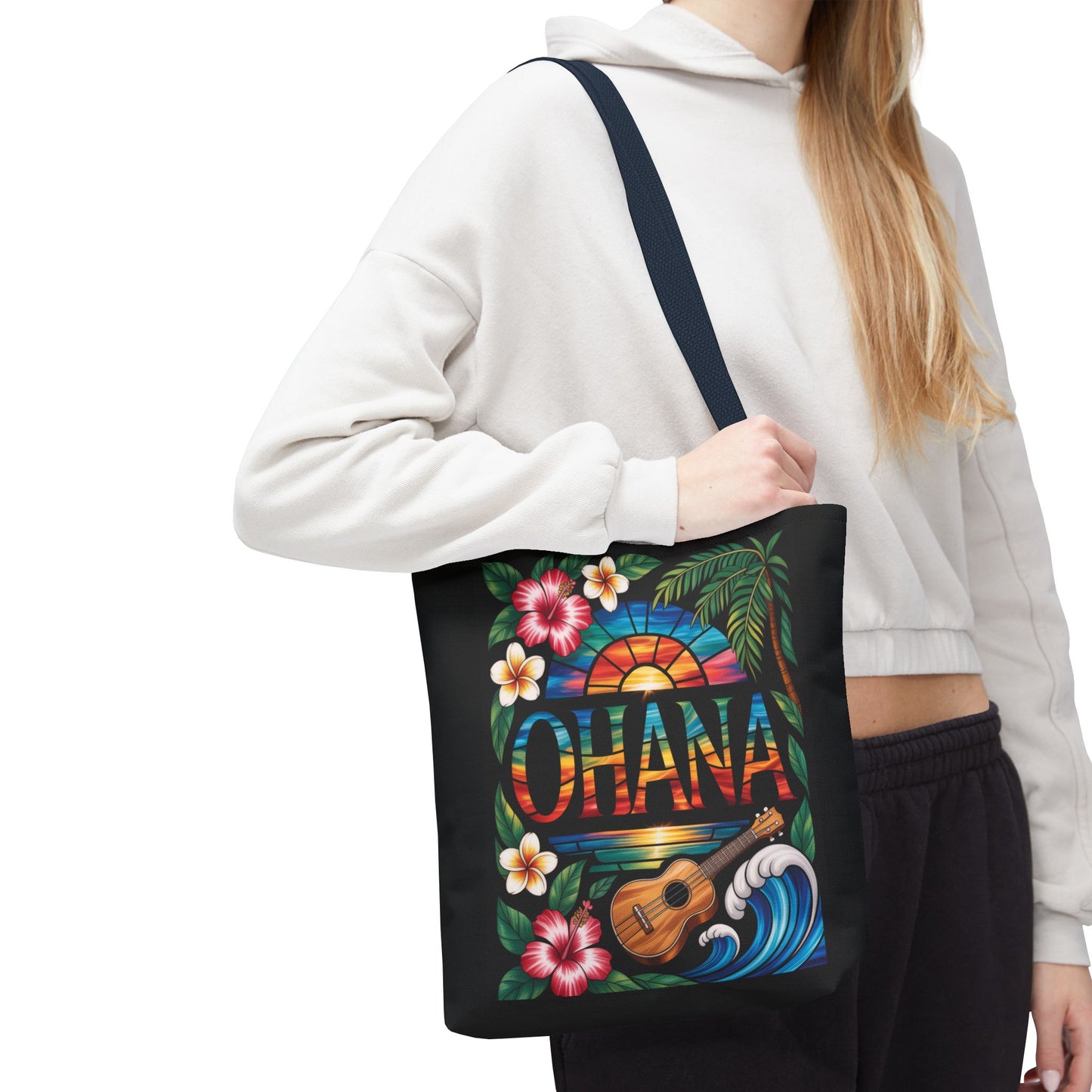 Ohana Tote Bag – Hawaiian Tropical Beach Bag with Ukulele, Sunset & Hibiscus Flowers, Island Gift for Women, Aloha Family Vibes