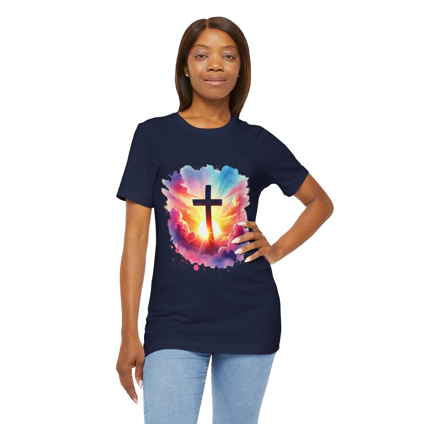 Faith Cross Sunburst Christian Tee | Inspirational Christian T-Shirt | Colorful Sunrise Cross Shirt | Faith Gifts for Women Men