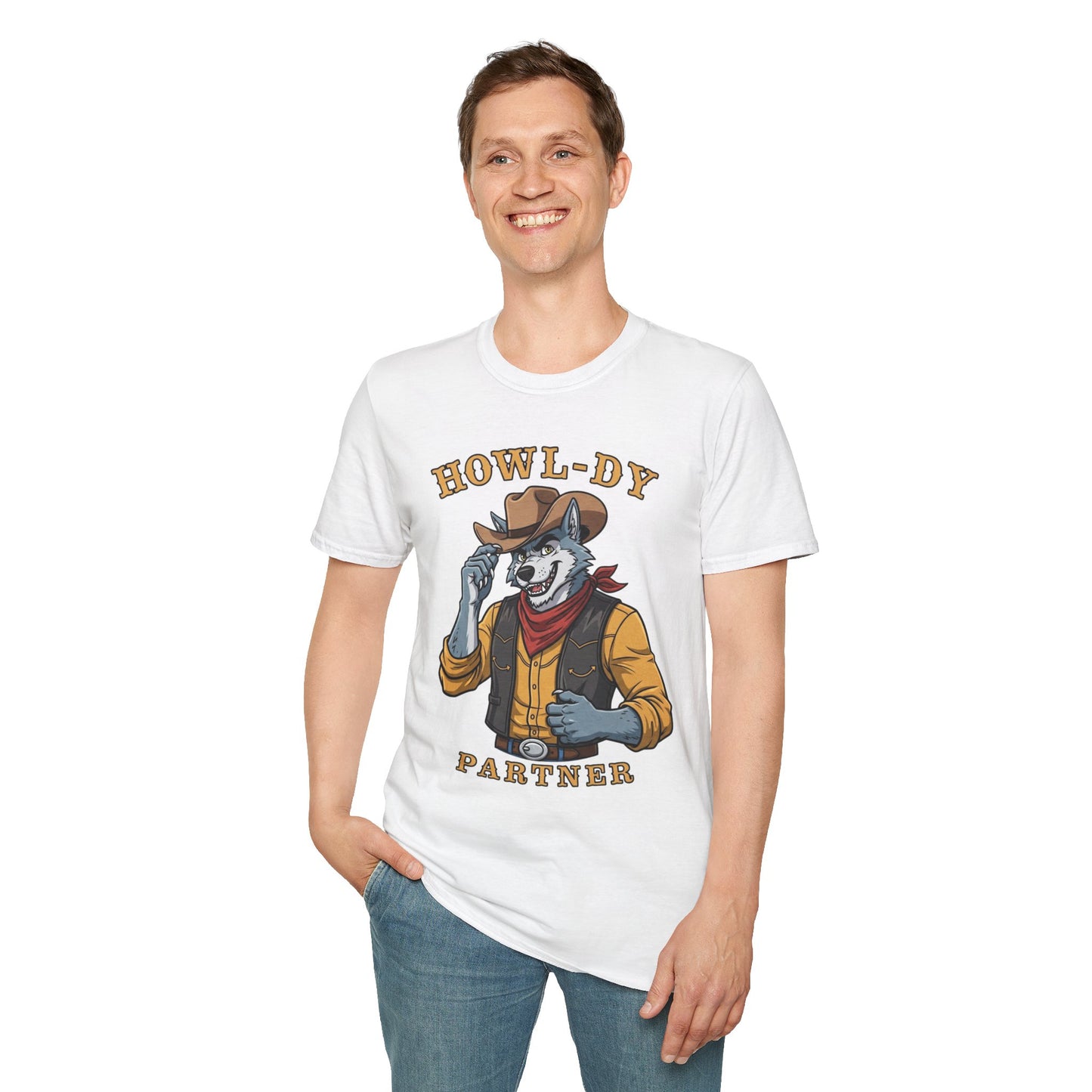 Howl-dy Partner Wolf Cowboy T-Shirt | Western Howling Wolf Graphic Tee, Funny Animal Shirt, Cowboy Gifts, Rustic Country Tee