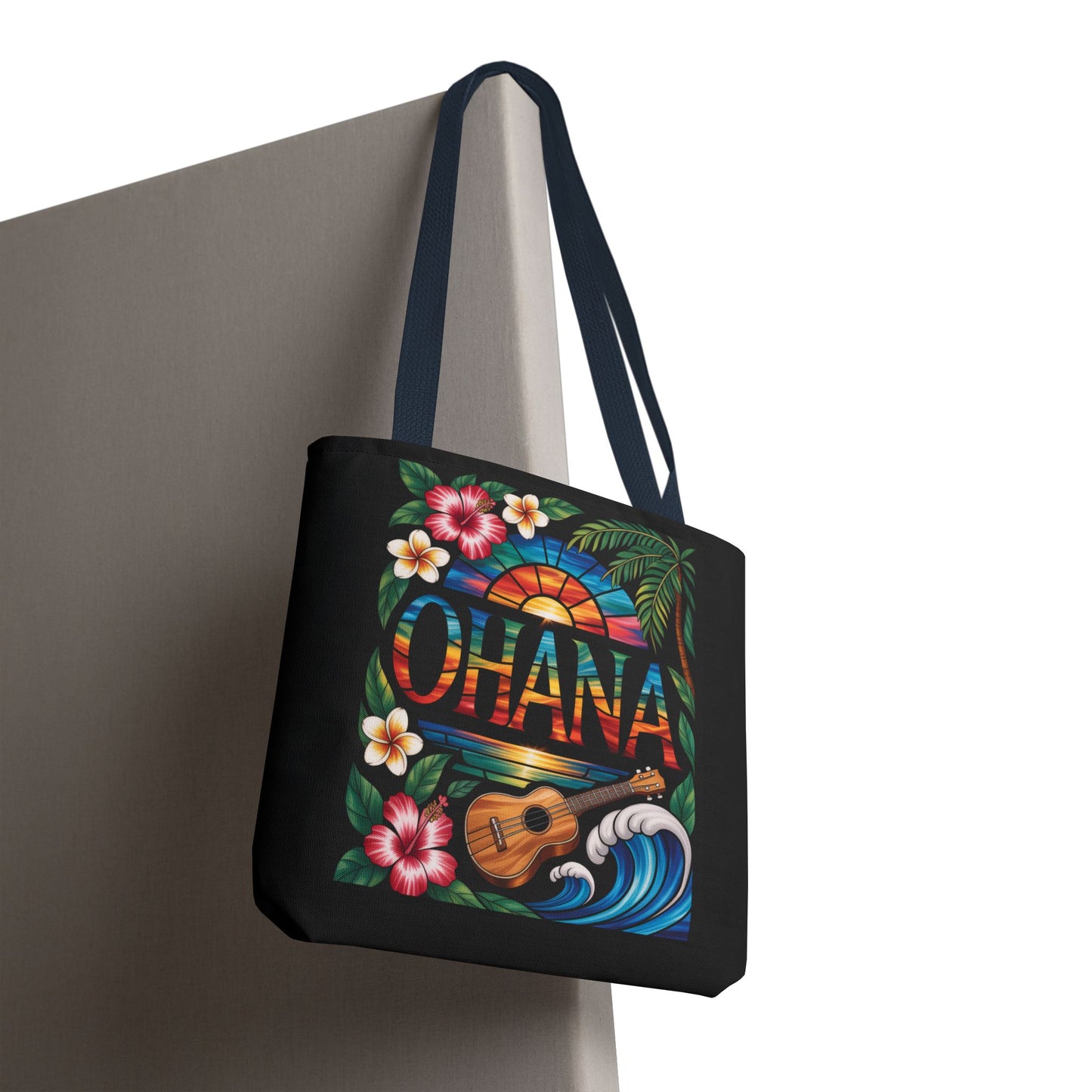 Ohana Tote Bag – Hawaiian Tropical Beach Bag with Ukulele, Sunset & Hibiscus Flowers, Island Gift for Women, Aloha Family Vibes