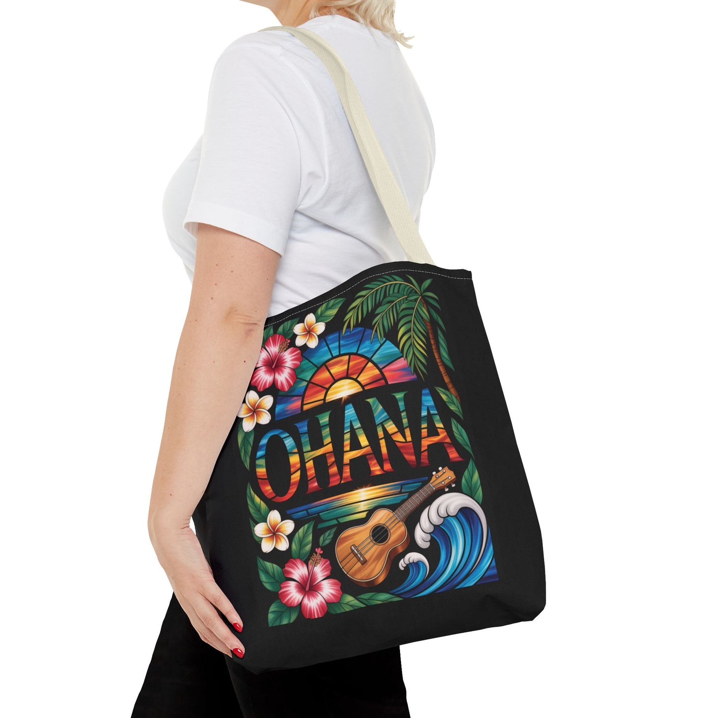 Ohana Tote Bag – Hawaiian Tropical Beach Bag with Ukulele, Sunset & Hibiscus Flowers, Island Gift for Women, Aloha Family Vibes